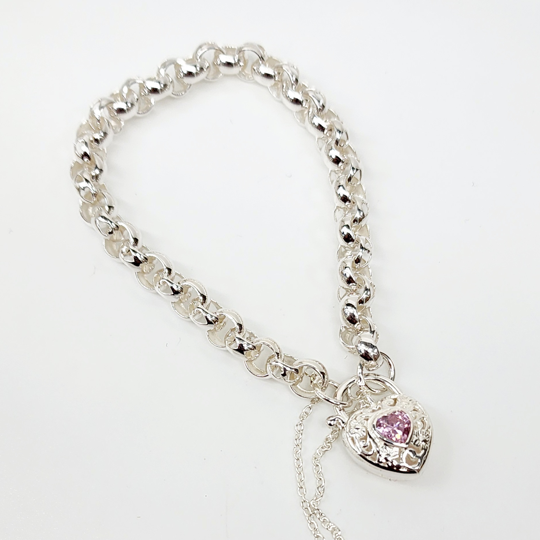 Sterling Silver Round Belcher with Heart Shape Pink CZ Filigree Padlock Bracelet Gold Chain 
