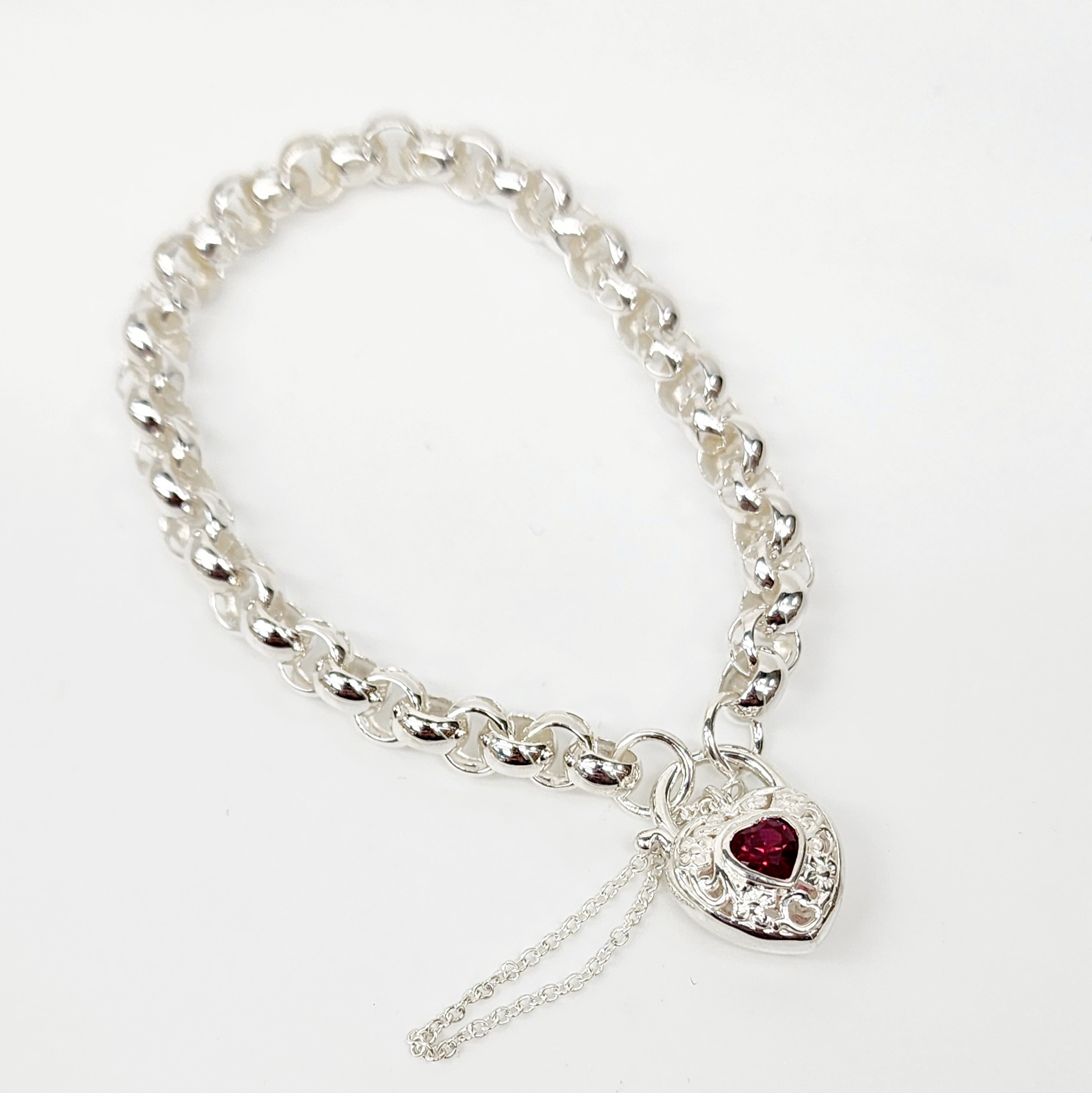 Sterling Silver Round Belcher with Heart Shape Red CZ Filigree Padlock Bracelet Gold Chain 
