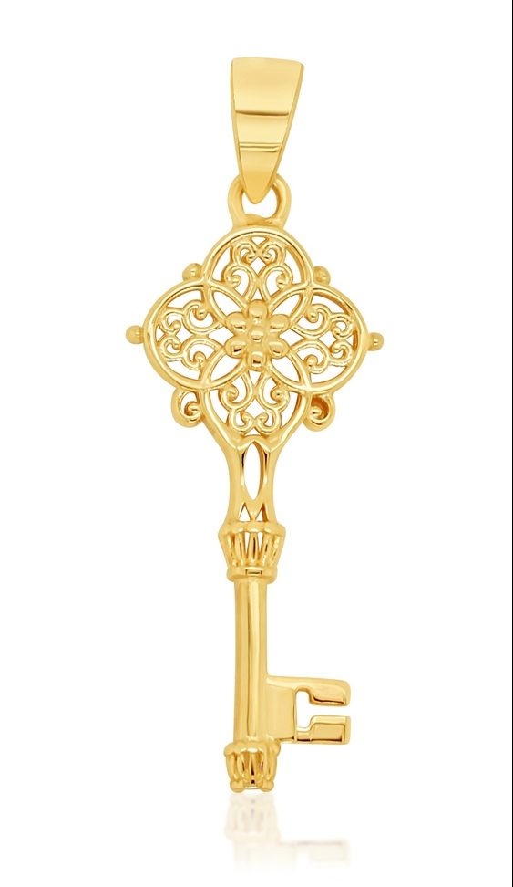 9ct Yellow Gold Open Filigree Compass Key Pendant Gold Bracelets 