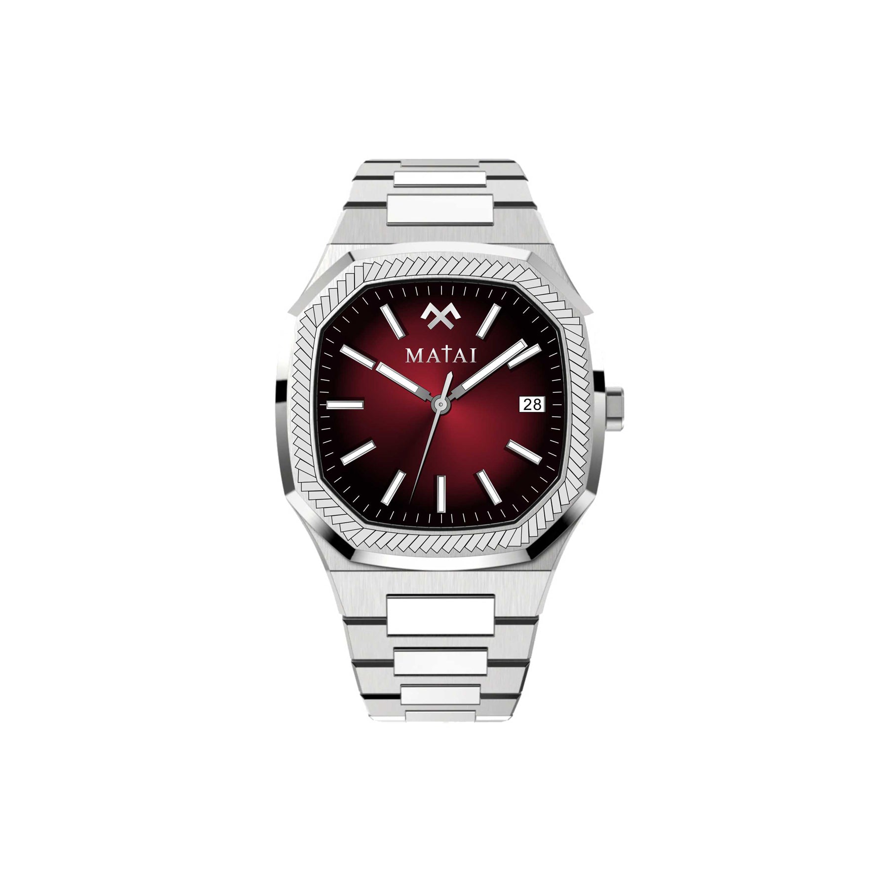 MATAI IM2 Collection 100M WR, Grad Red Dial Silver Case & Band WATCH 