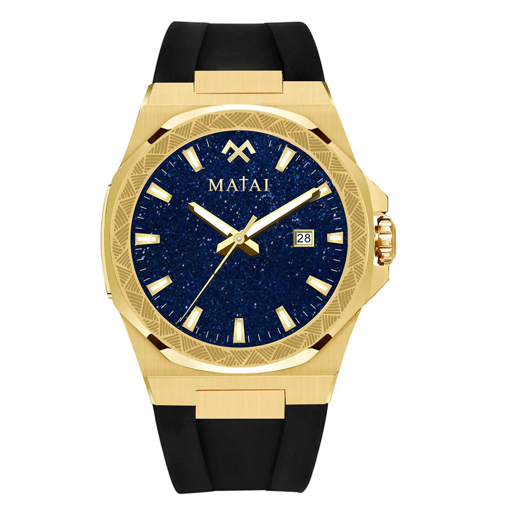 MATAI Genesis GS1 100M WR, Gold Case Blue Stardust Dial Black Rubber Strap WATCH 