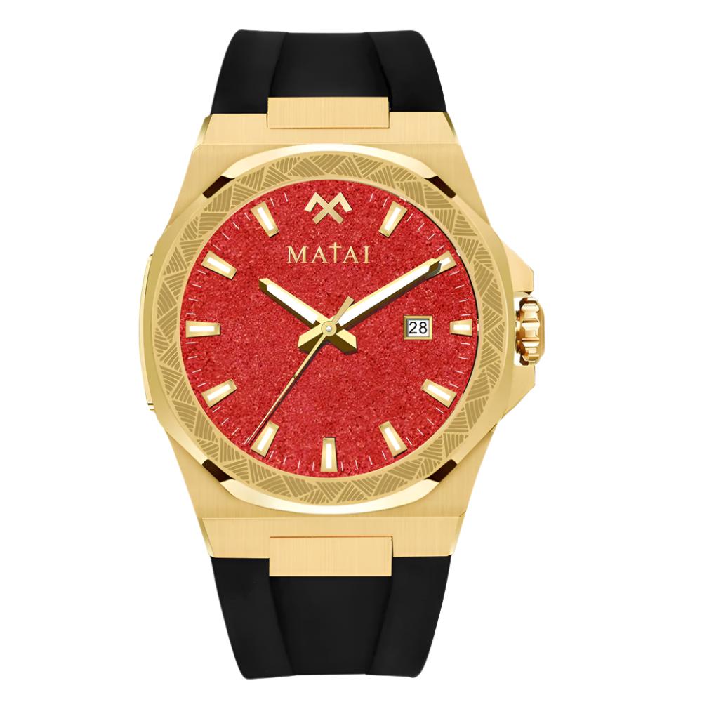 MATAI Genesis GS1 100M WR, Gold Case Red Stardust Dial Black Rubber Strap WATCH 
