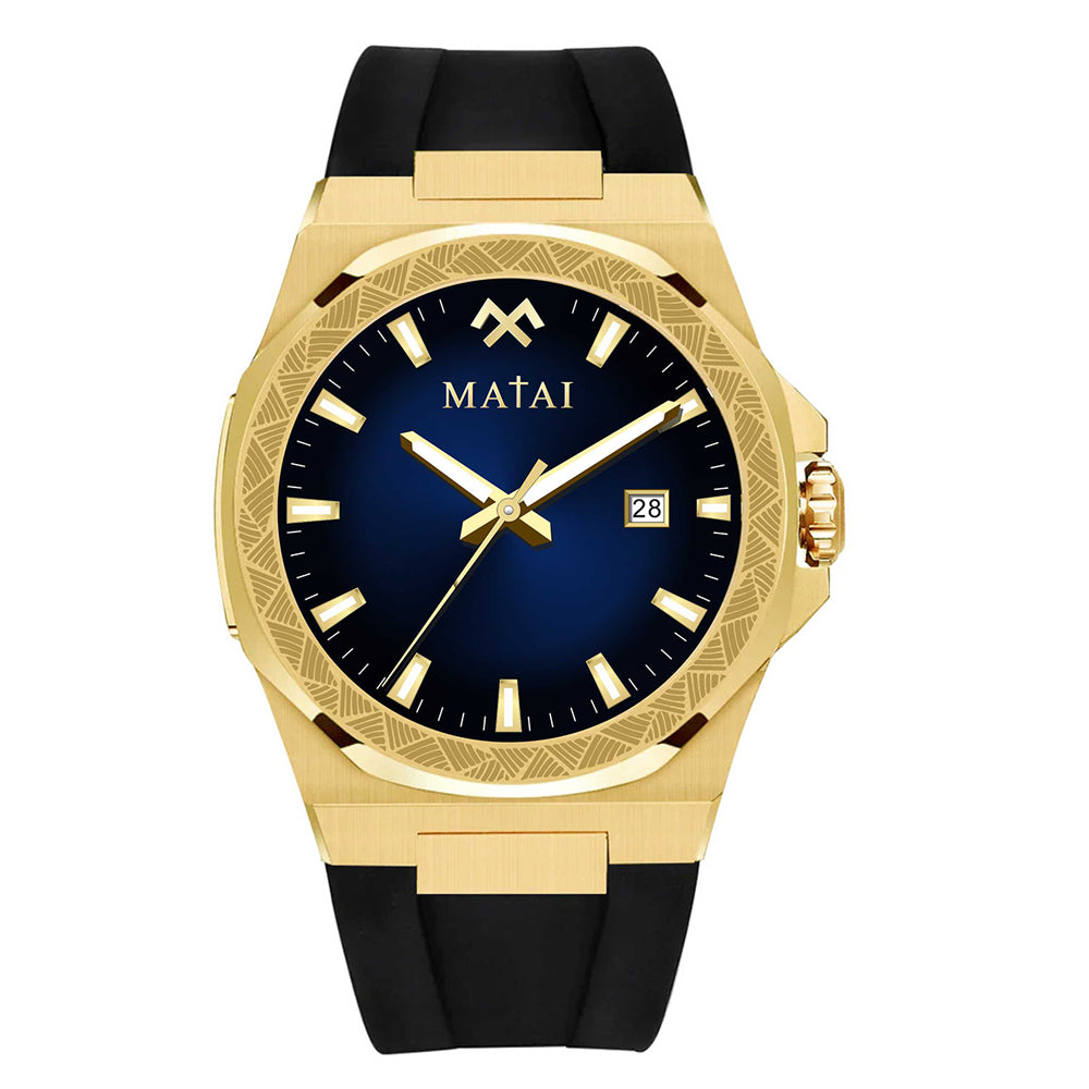 MATAI Genesis GS1 100M WR, Gold Case Blue Dial Black Rubber Strap WATCH 