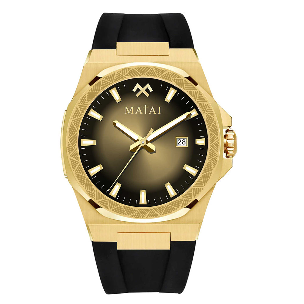 MATAI Genesis GS1 100M WR, Gold Case Gold Dial Black Rubber Strap WATCH 