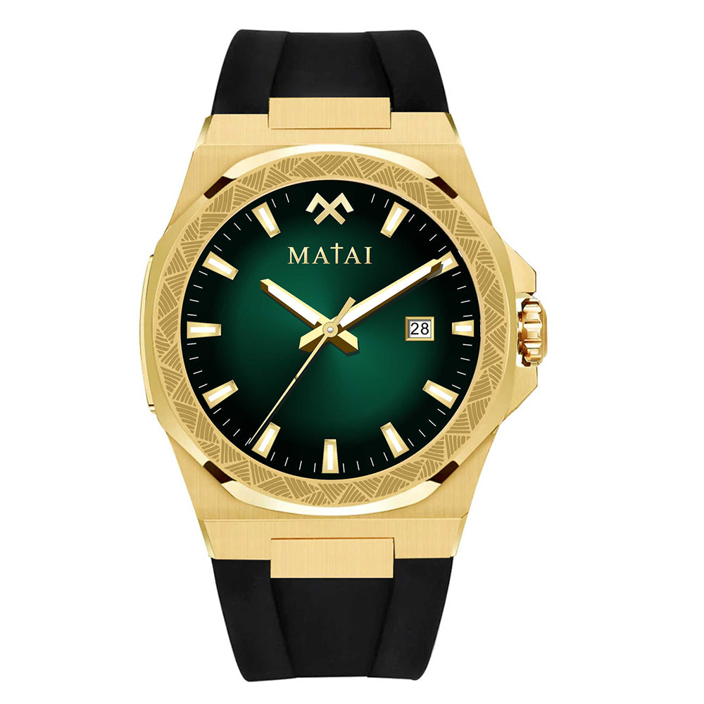 MATAI Genesis GS1 100M WR, Gold Case Green Dial Black Rubber Strap WATCH 