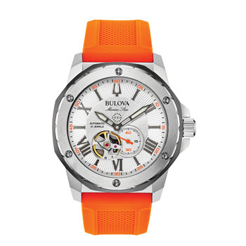 Bulova Gents Automatic 200M WR White Dial, Stainless Case, Orange Silicone Strap Watch - 98A226 bulova 