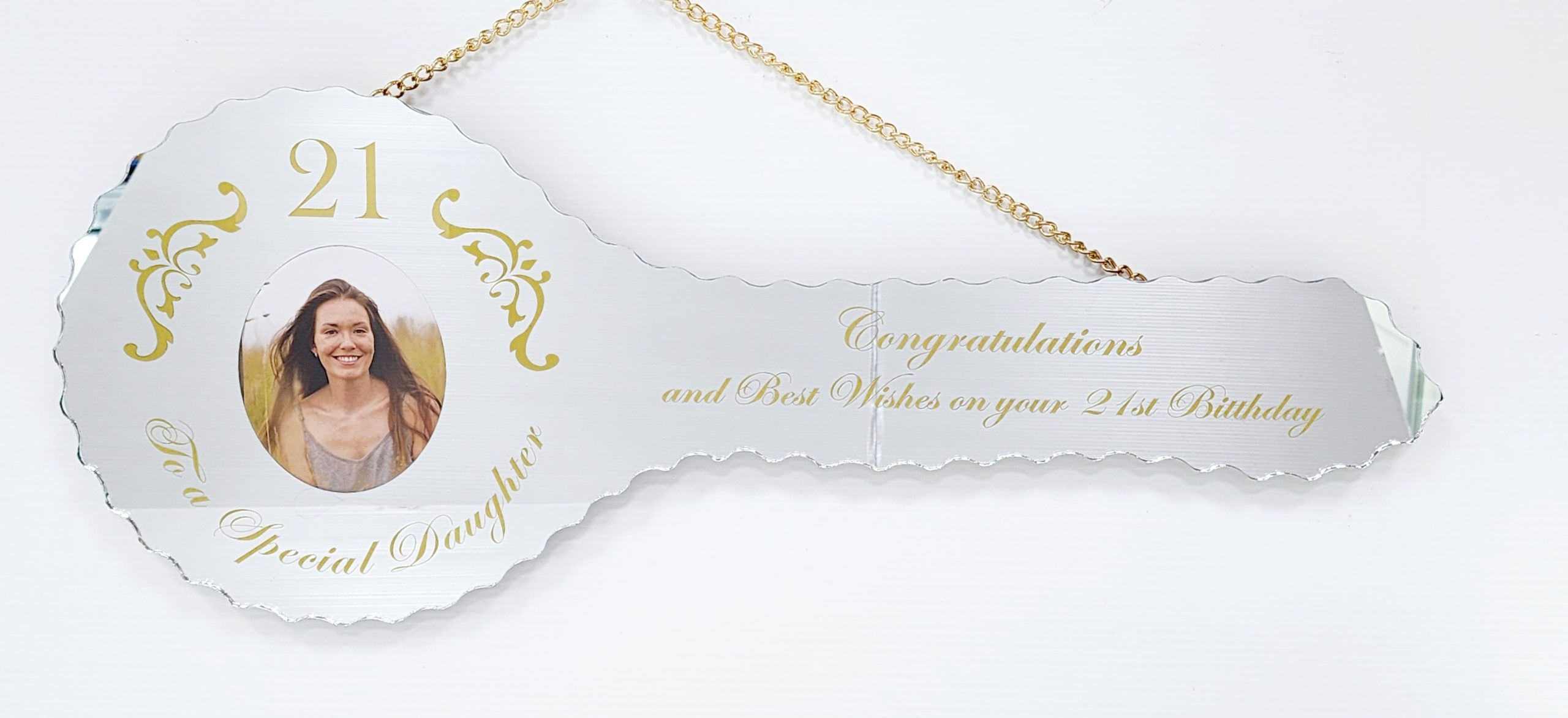 Golden Print Design Mirrored/Glass Photo 21st Birthday Key with "To a Special Daughter" - SJ2402 21ST MIRROR KEYS Golden Print Design Mirrored/Glass Photo 21st Birthday Key with "To a Special Daughter" - SJ2402 21ST MIRROR KEYS