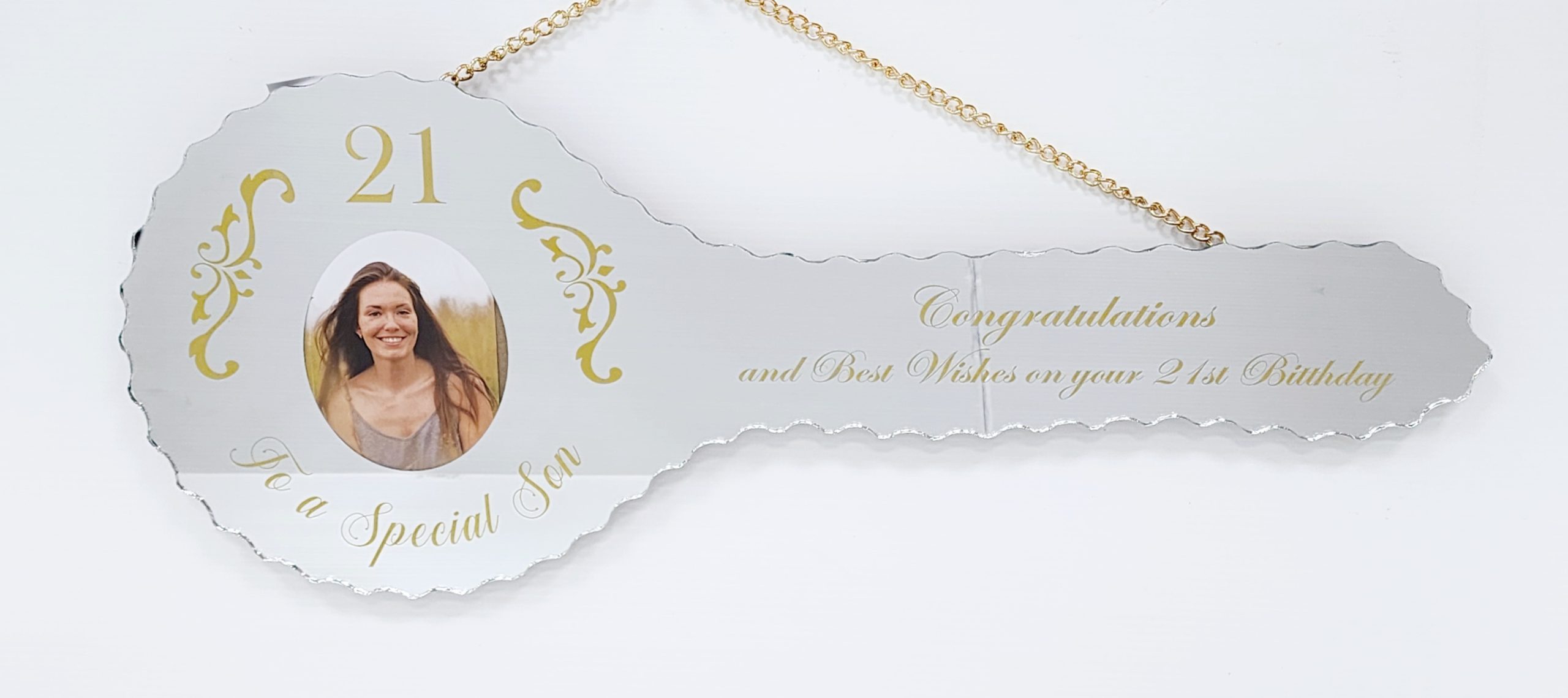 Golden Print Design Mirrored/Glass Photo 21st Birthday Key with "To a Special Son" - SJ2403 21ST MIRROR KEYS Golden Print Design Mirrored/Glass Photo 21st Birthday Key with "To a Special Son" - SJ2403 21ST MIRROR KEYS