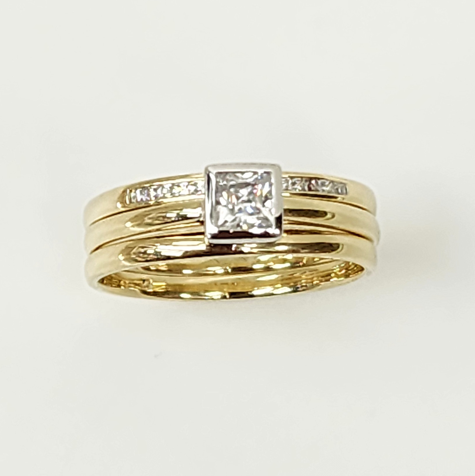 9ct Yellow Gold Bridal Set with Rubover Set CZ Engagement Ring, Wedding Band and Half Eternity Ring Gold Rings, Men's Gold Rings 9ct Yellow Gold Bridal Set with Rubover Set CZ Engagement Ring, Wedding Band and Half Eternity Ring Gold Rings, Men's Gold Rings
