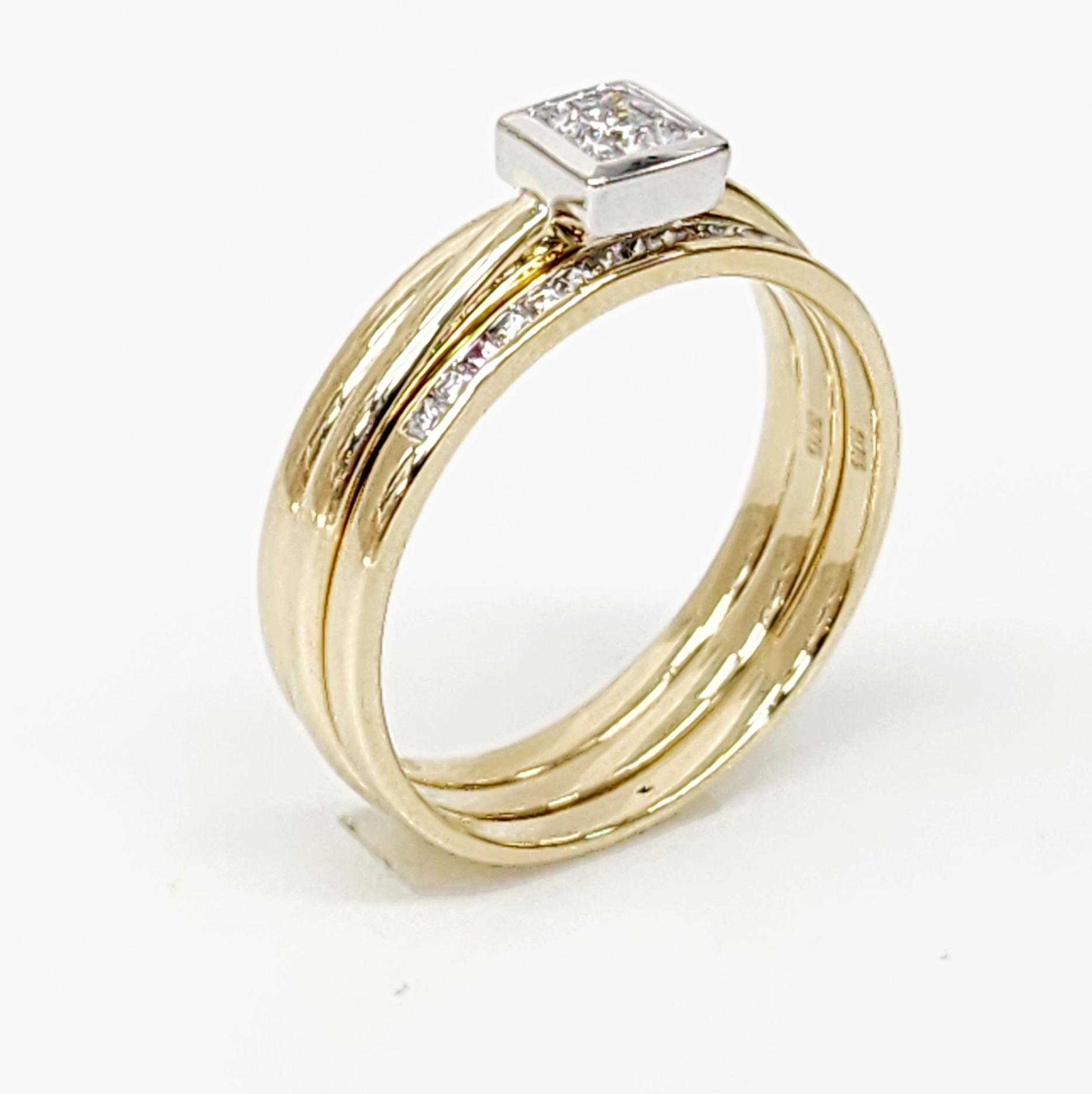 9ct Yellow Gold Bridal Set with Rubover Set CZ Engagement Ring, Wedding Band and Half Eternity Ring Gold Rings, Men's Gold Rings 9ct Yellow Gold Bridal Set with Rubover Set CZ Engagement Ring, Wedding Band and Half Eternity Ring Gold Rings, Men's Gold Rings