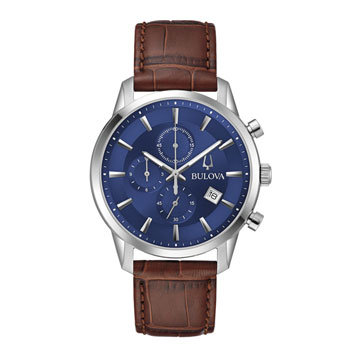 Bulova gents Chronograph Blue Dial Brown Leather Strap Date - 96B402 bulova 