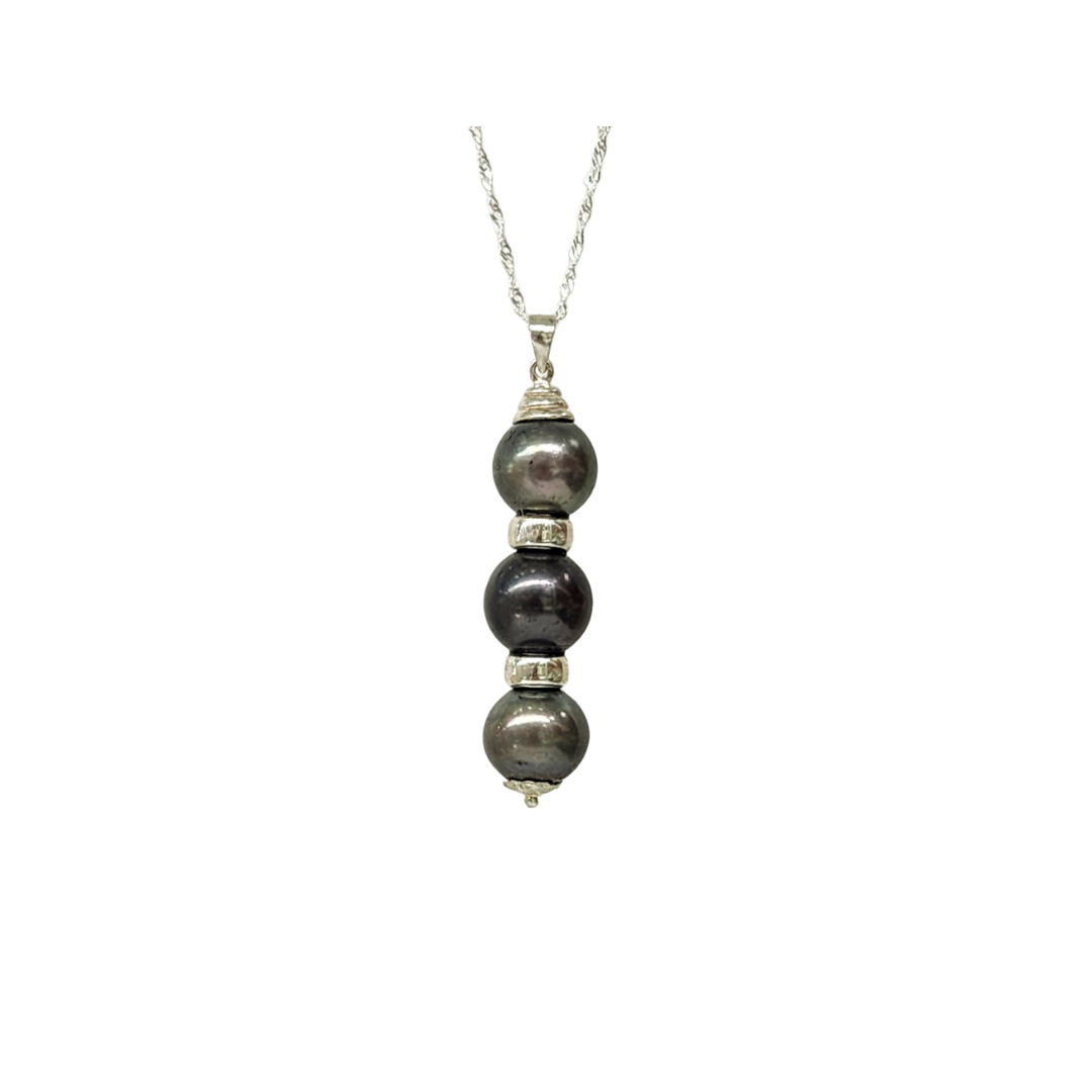 Sterling Silver Triple 11.5-12.50mm Round Cook Island Black Pearl Pendant with Silver Spacers Gold Pearl Jewellery, Pearl Jewellery Sterling Silver Triple 11.5-12.50mm Round Cook Island Black Pearl Pendant with Silver Spacers Gold Pearl Jewellery, Pearl Jewellery