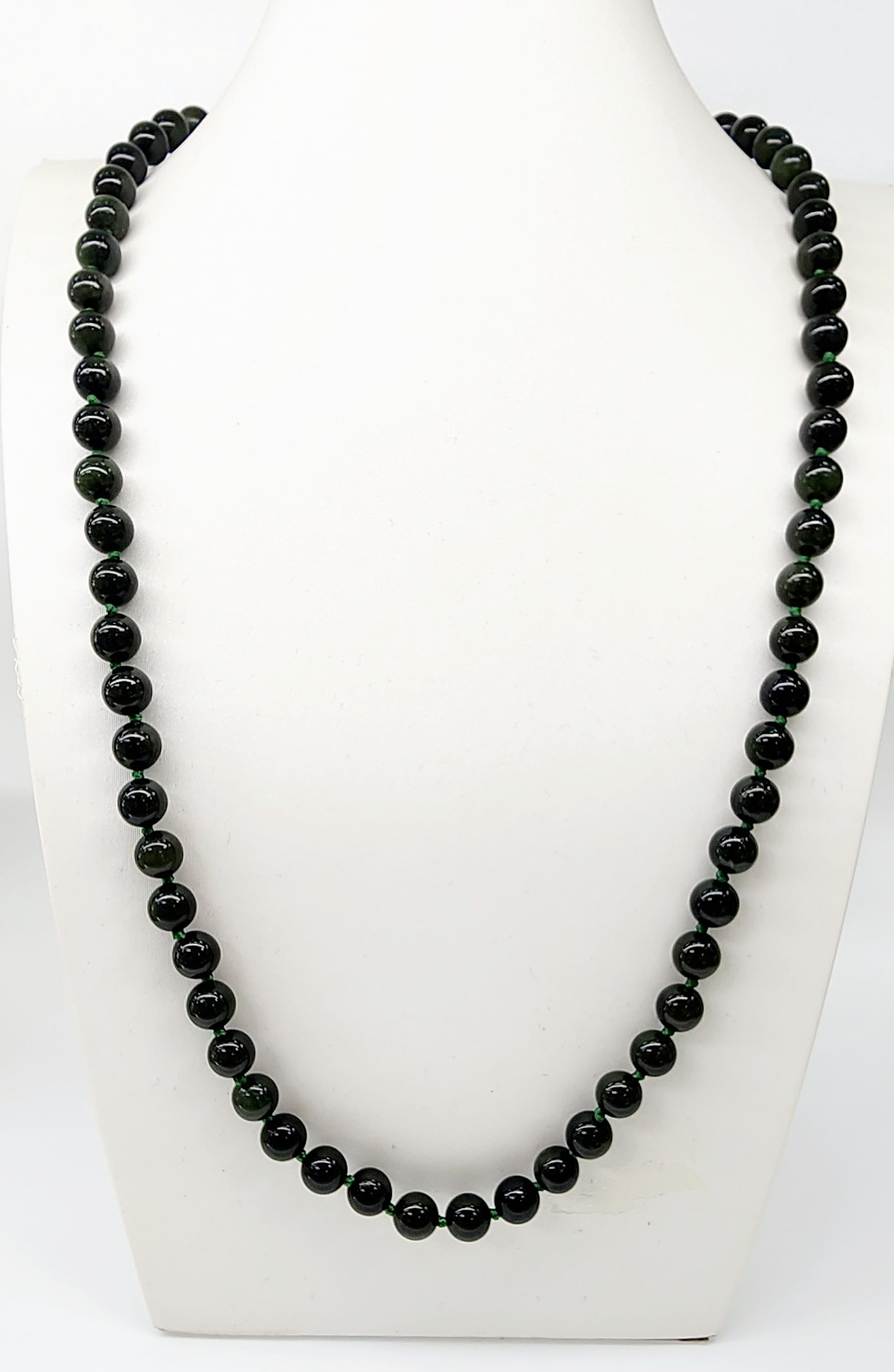 NZ Greenstone 8mm Bead Necklace with Stainless Steel Clasp 76cm Long - BN0830 Greenstone?Jewellery 