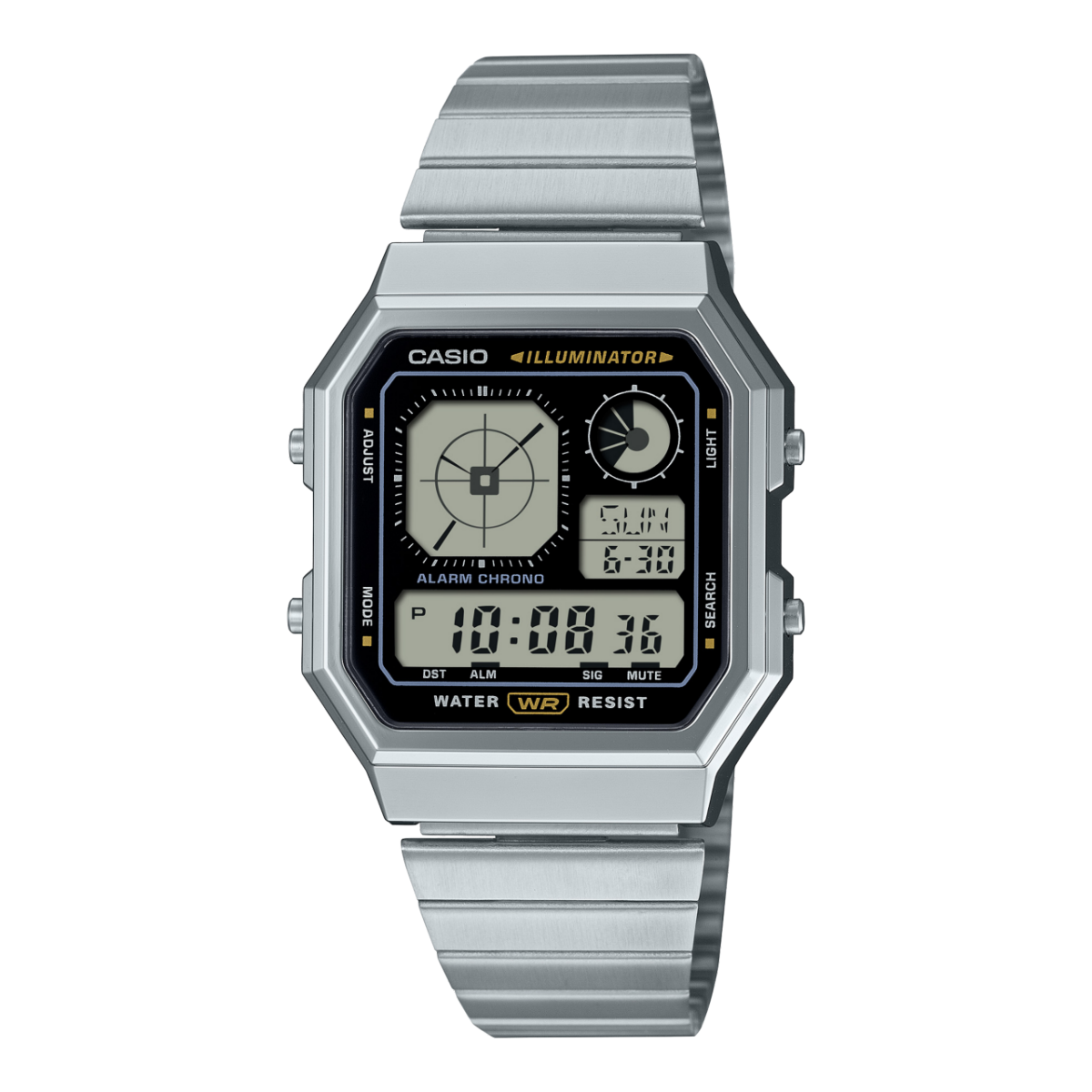 Casio Digital Octagon, Black Dial, Silver Case & Band - A130WE-1A G-SHOCK 