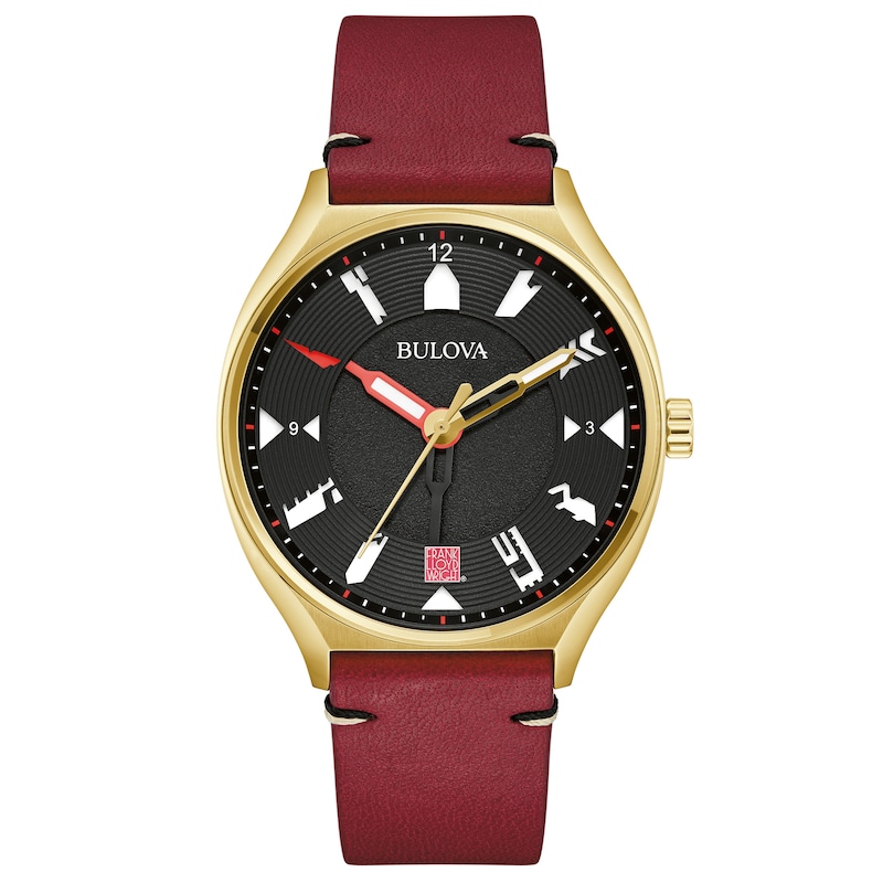 Men's Bulova Frank Lloyd Wright Gold-Tone IP Red leather Strap Automatic Watch with Black Dial - 97A192 G-SHOCK 
