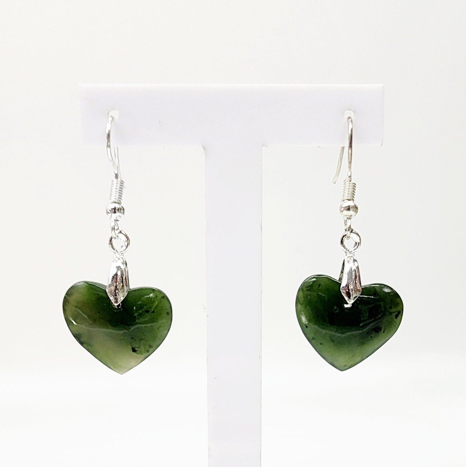 Pounamu Heart Shape Earrings with Sterling Silver Setting and Hooks - EH2.23 Greenstone?Jewellery 
