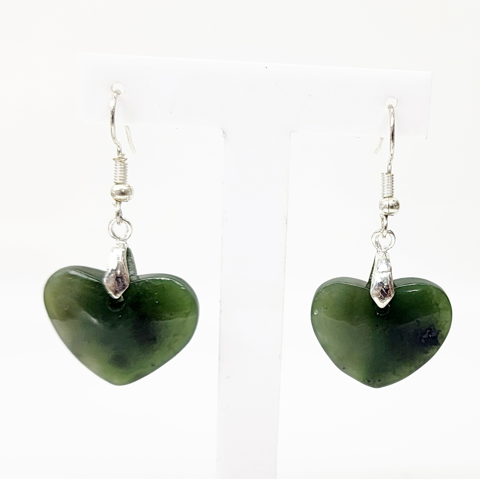 Pounamu Heart Shape Earrings with Sterling Silver Setting and Hooks - EH5.25 Greenstone?Jewellery Pounamu Heart Shape Earrings with Sterling Silver Setting and Hooks - EH5.25 Greenstone?Jewellery