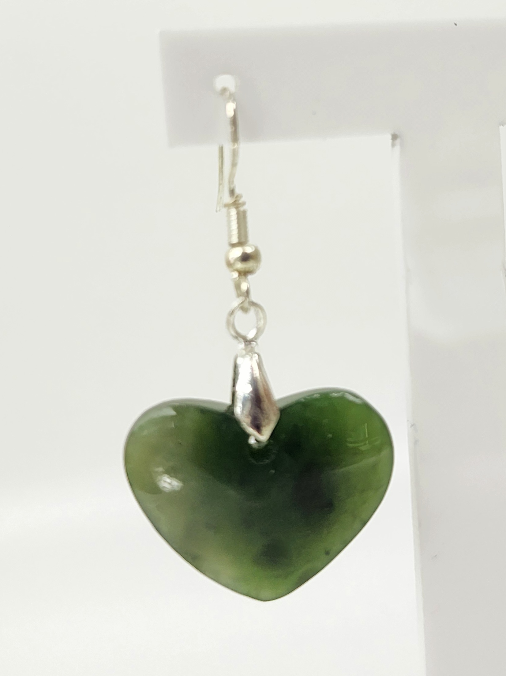 Pounamu Heart Shape Earrings with Sterling Silver Setting and Hooks - EH5.25 Greenstone?Jewellery Pounamu Heart Shape Earrings with Sterling Silver Setting and Hooks - EH5.25 Greenstone?Jewellery