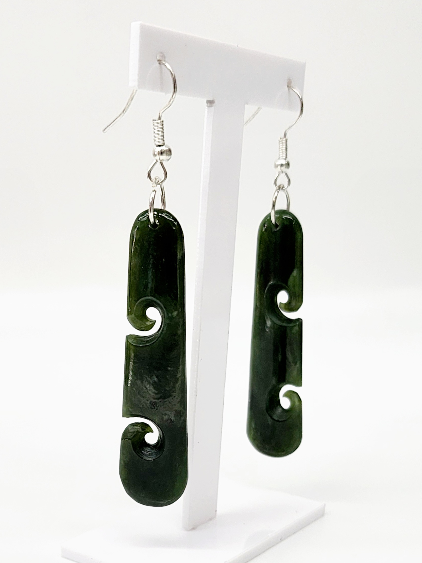 Pounamu Double Koru Drop Earrings with Sterling Silver Setting and Hooks - ER2.35 Greenstone?Jewellery 