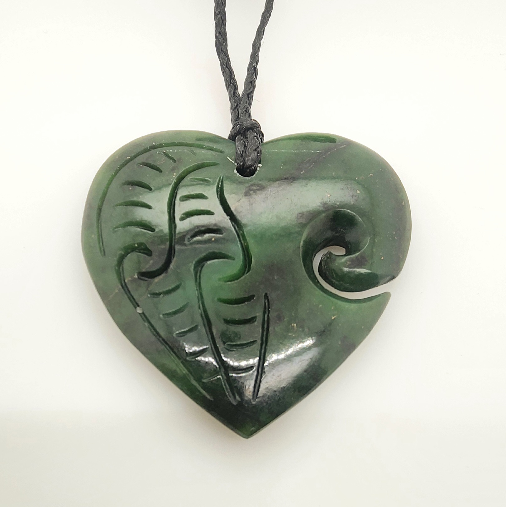 New Zealand Pounamu Engraved Heart with Koru Necklace - HPN321.61 Greenstone?Jewellery 