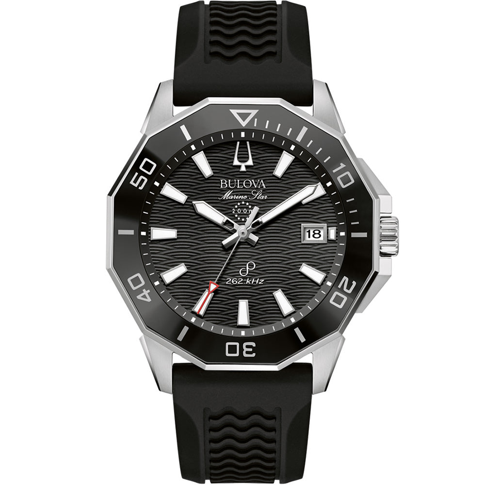 Bulova Marine Star Black Rubber Precisionist Watch with 43cm Stainless Steel Case and 200m Water Resistance - 96B432 9ct Gold Ring, Gold Jewellery, Gold Rings 