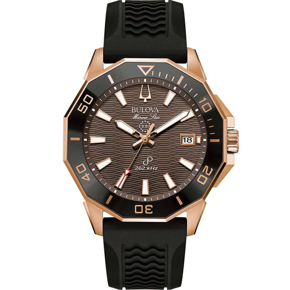Bulova Marine Star Rose Gold Tone Precisionist Watch with Black Silicone Strap 200m WR - 98B421 9ct Gold Ring, Gold Jewellery, Gold Rings 