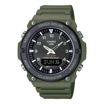 Casio Solar Powered Duel Time 100M WR Black Case, Green Resin Band - AQ-S820W-3BV WATCH 