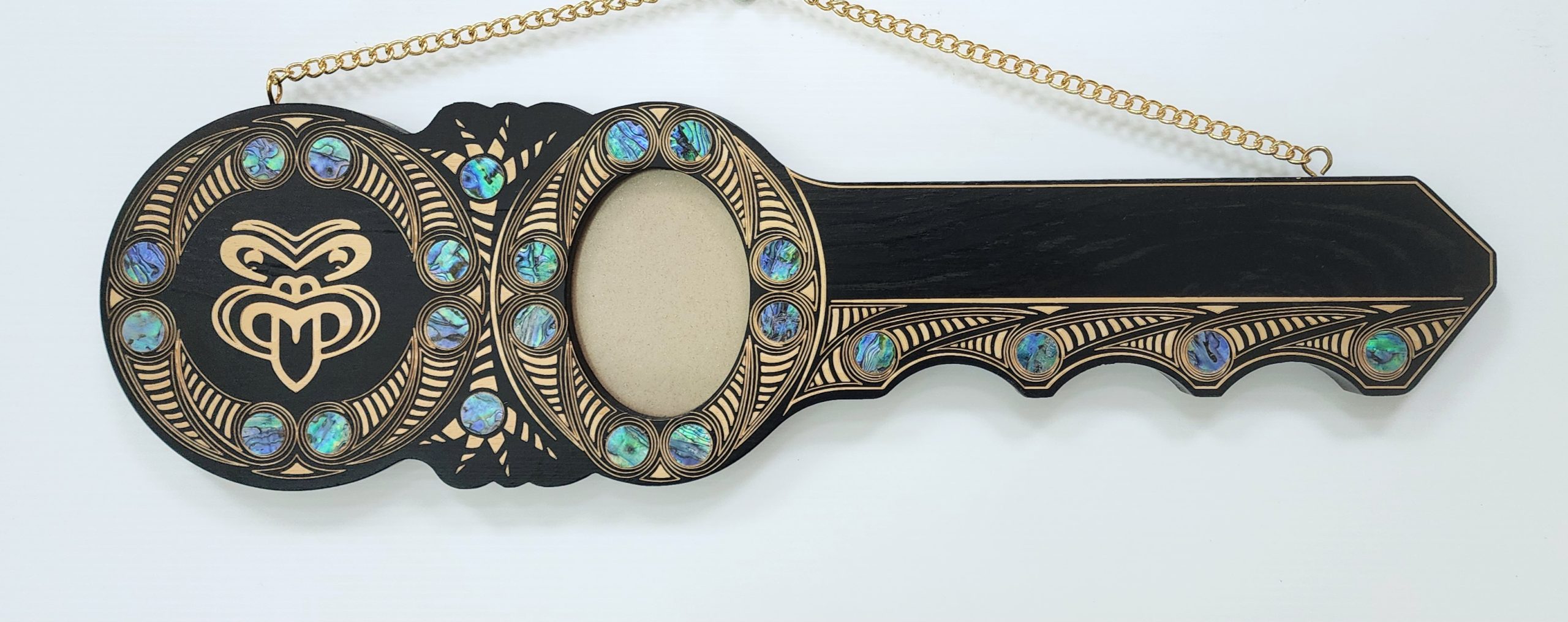 Maori Design Key with Laser Engraved Tiki Face & Round Paua Shell Inlay - Design S20 21st Keys 