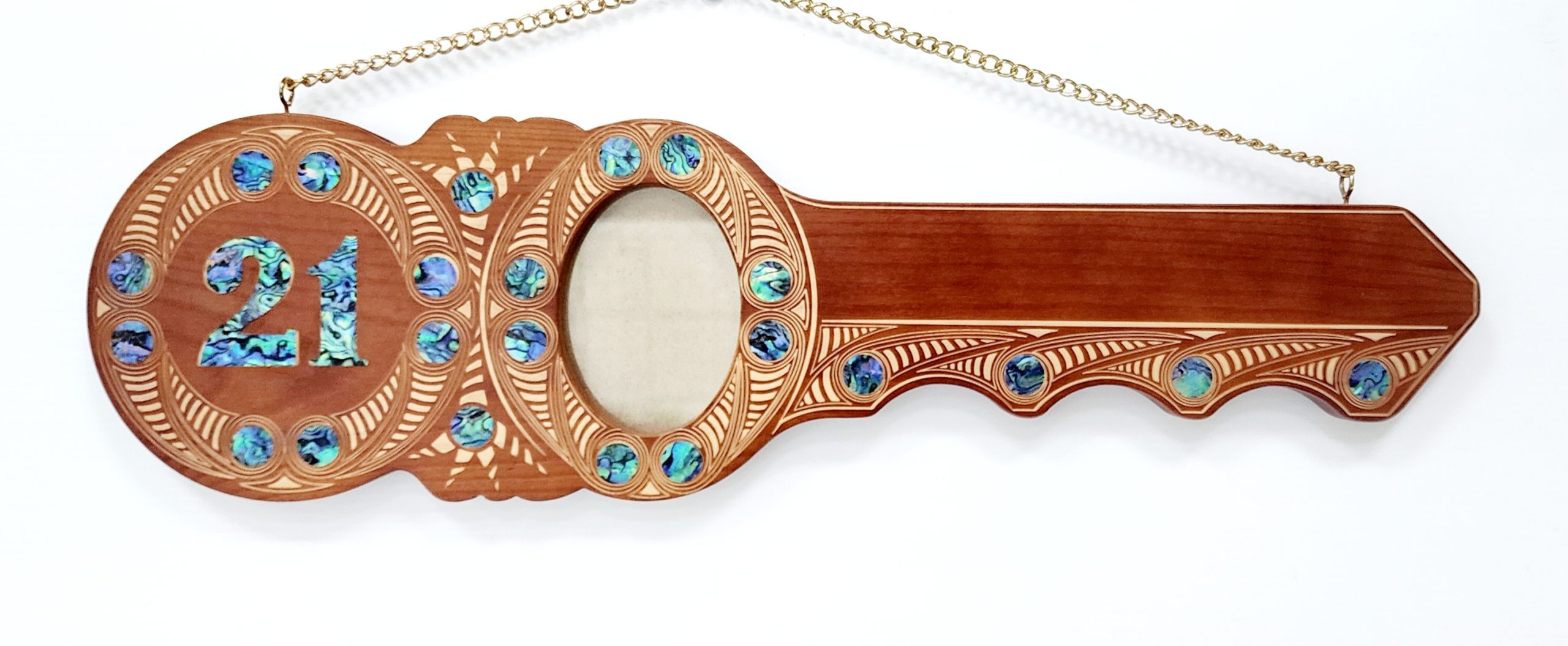 21st Maori Design Key with Laser Engraved Design & Paua Shell Inlay - Design S21 21st Keys 