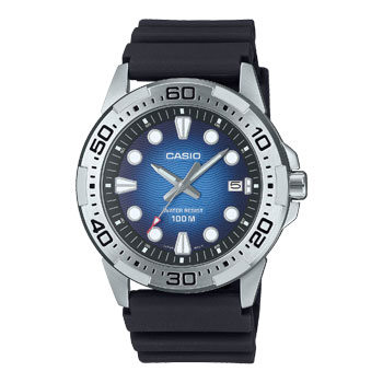 Casio Analogue 100M WR, Diver's Look Blue Dial, Stainless Steel Case, Black Resin Strap - MTD140-2A Seiko 