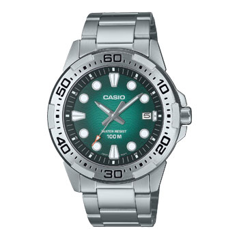 Casio Analogue Divers Look 100M WR Green Dial Stainless Steel Case & Band - MTD140D-3A Seiko 