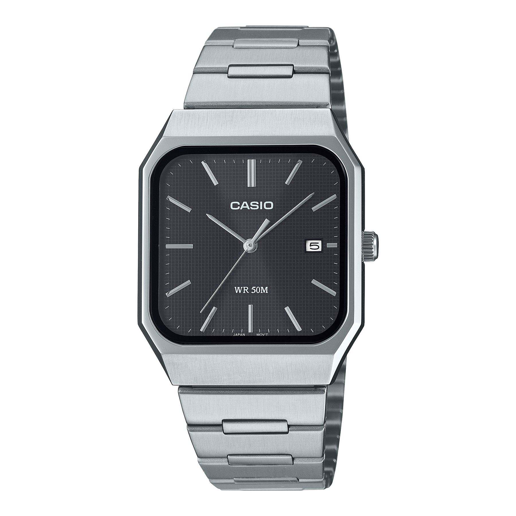 Casio Analogue Square Dial 50M WR Black Dial Stainless Steel Case & Band - MTPB185D-1A Seiko 
