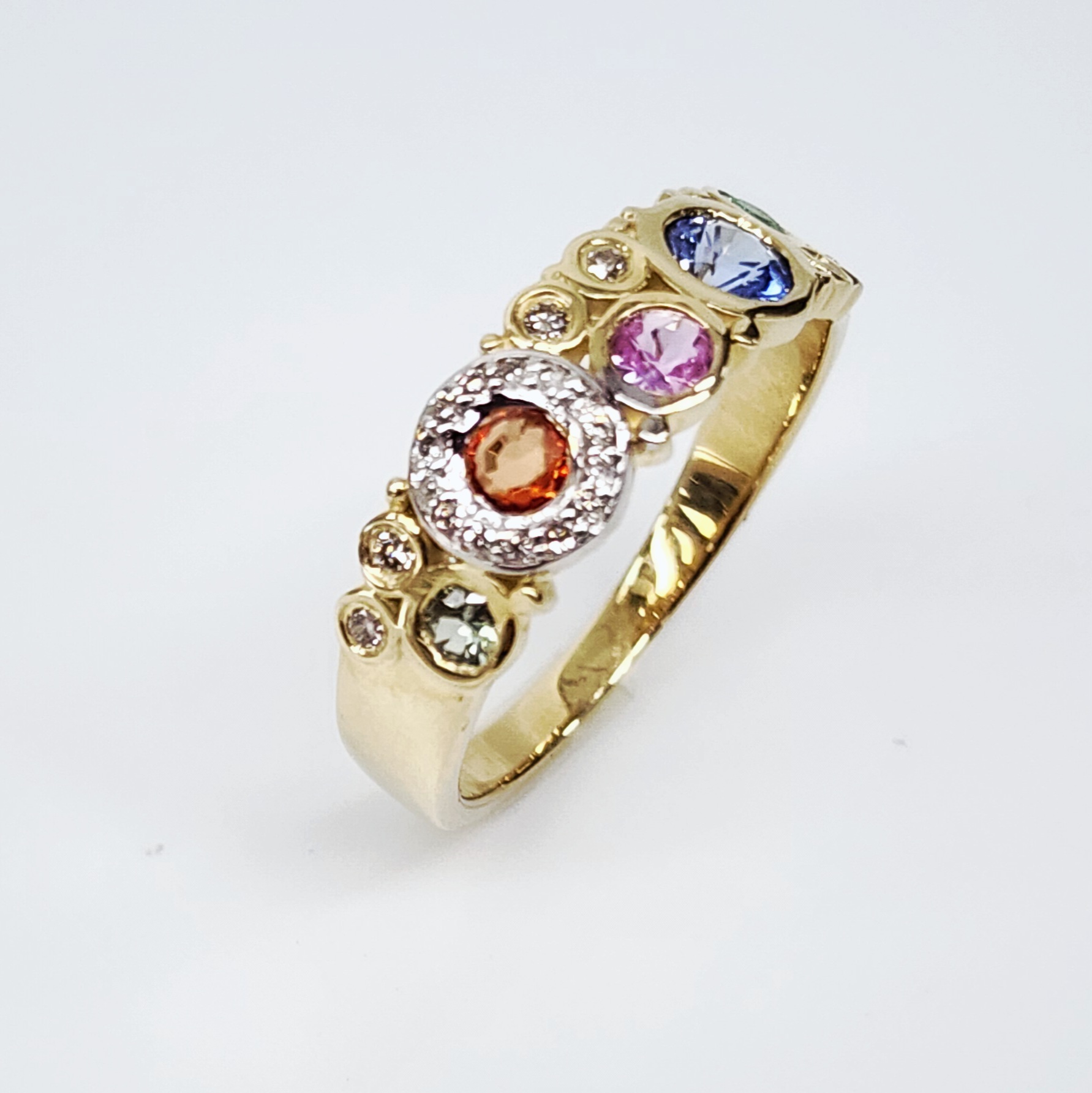"Concentric" Round Brilliant Cut Bezel Multi-Colored Sapphires and Diamonds in 9ct Yellow Gold Ring - CYR8103 Gold Rings 