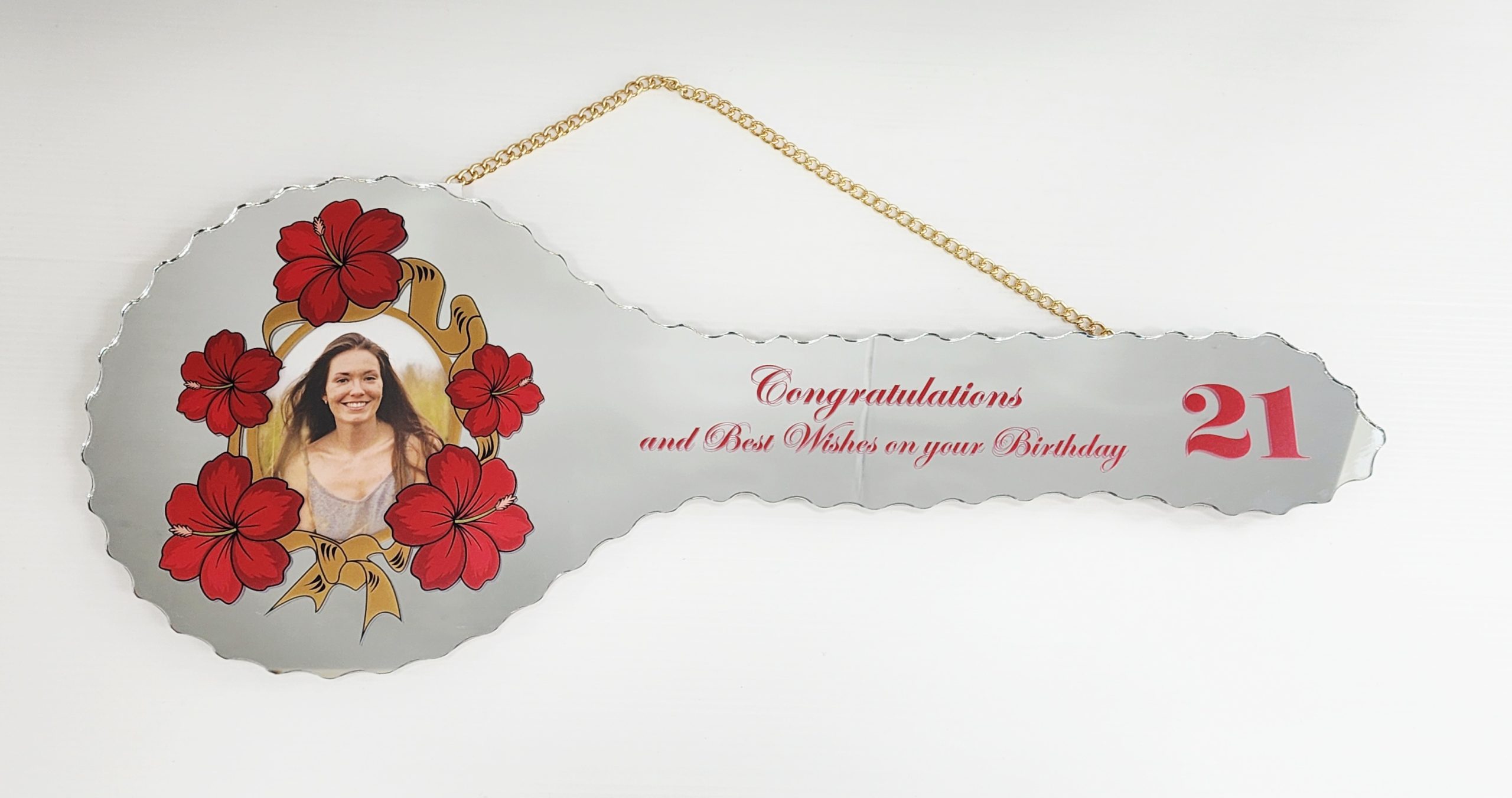 Red Hibiscus Flower with Golden Ribbon 21st Birthday Mirror Key - SJ2508 21ST MIRROR KEYS 