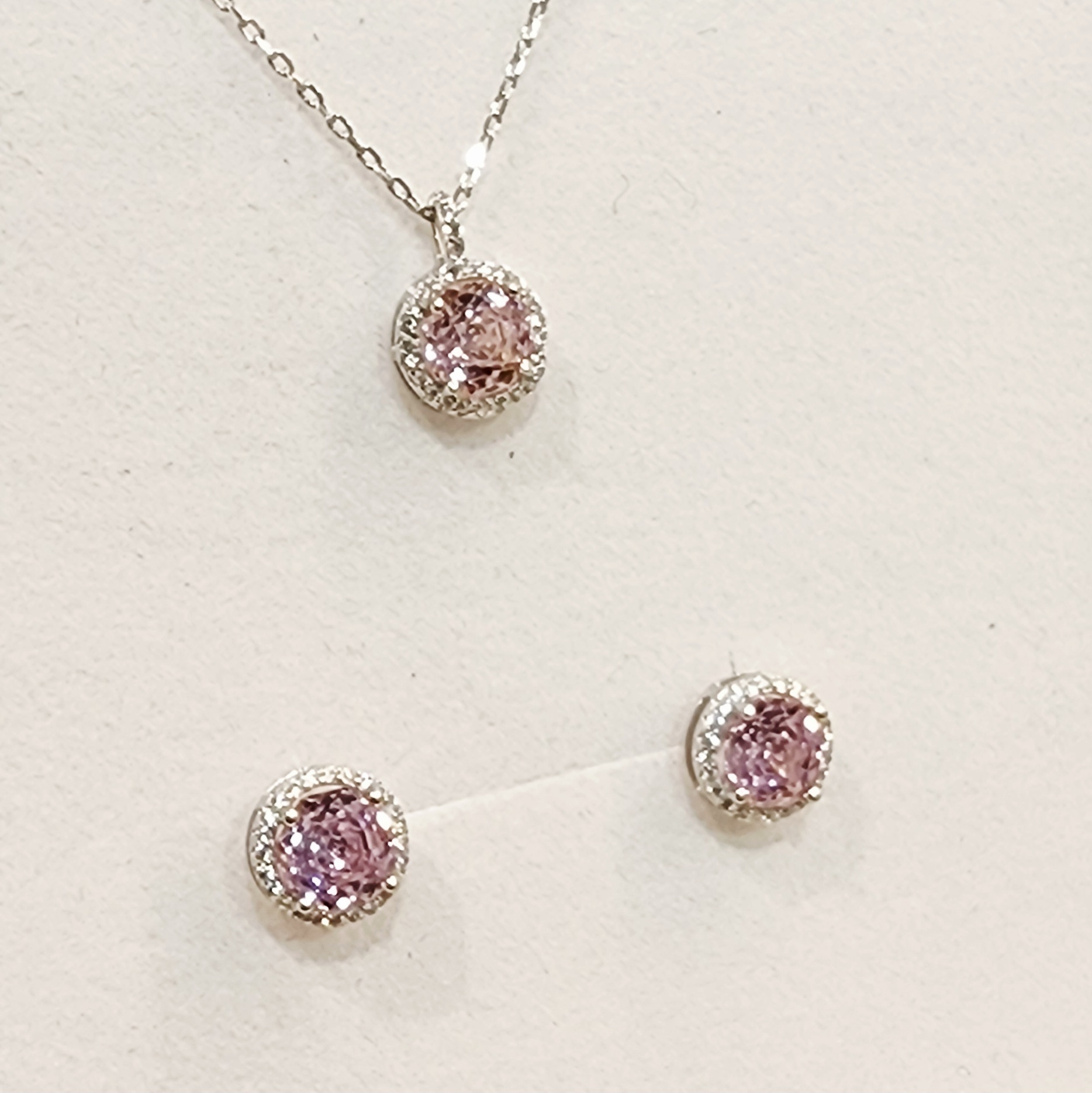 Sterling Silver Halo Setting Pendant & Stud Earrings Set with Cubic Zirconia Setting - SSPESET02 Greenstone?Jewellery 