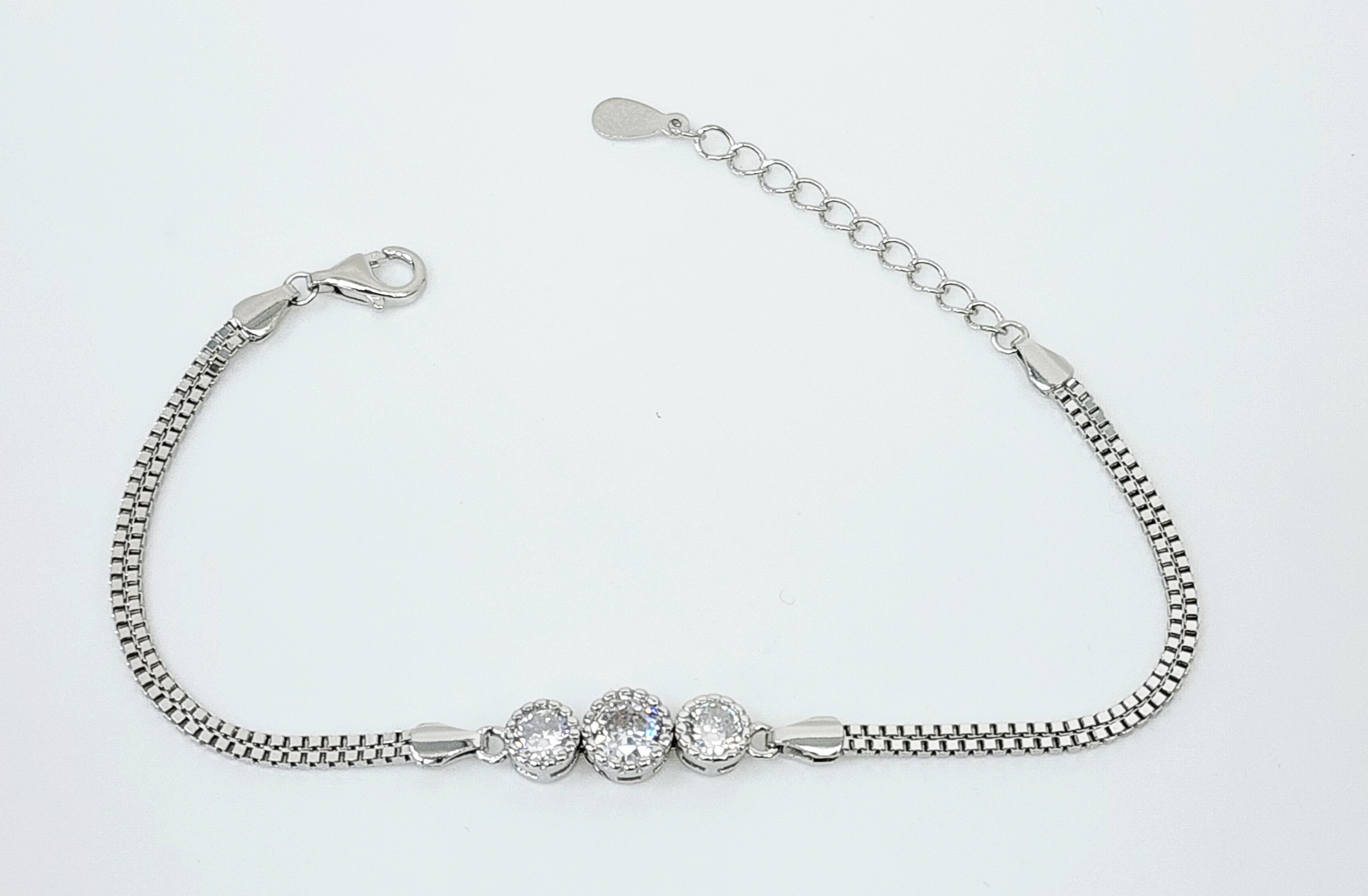 Sterling Silver Three Round Cubic Zirconia Set Double Box Chain Link Bracelet 16cm + 3cm - SSCZB05 Greenstone?Jewellery 