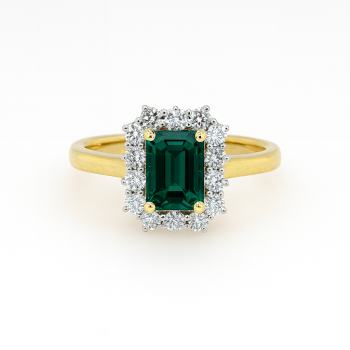 9ct Yellow Gold Radiant Cut Emerald & 1.05ct Diamond Halo Ring – Lab-Grown - AURG726-EM Gold Earrings 