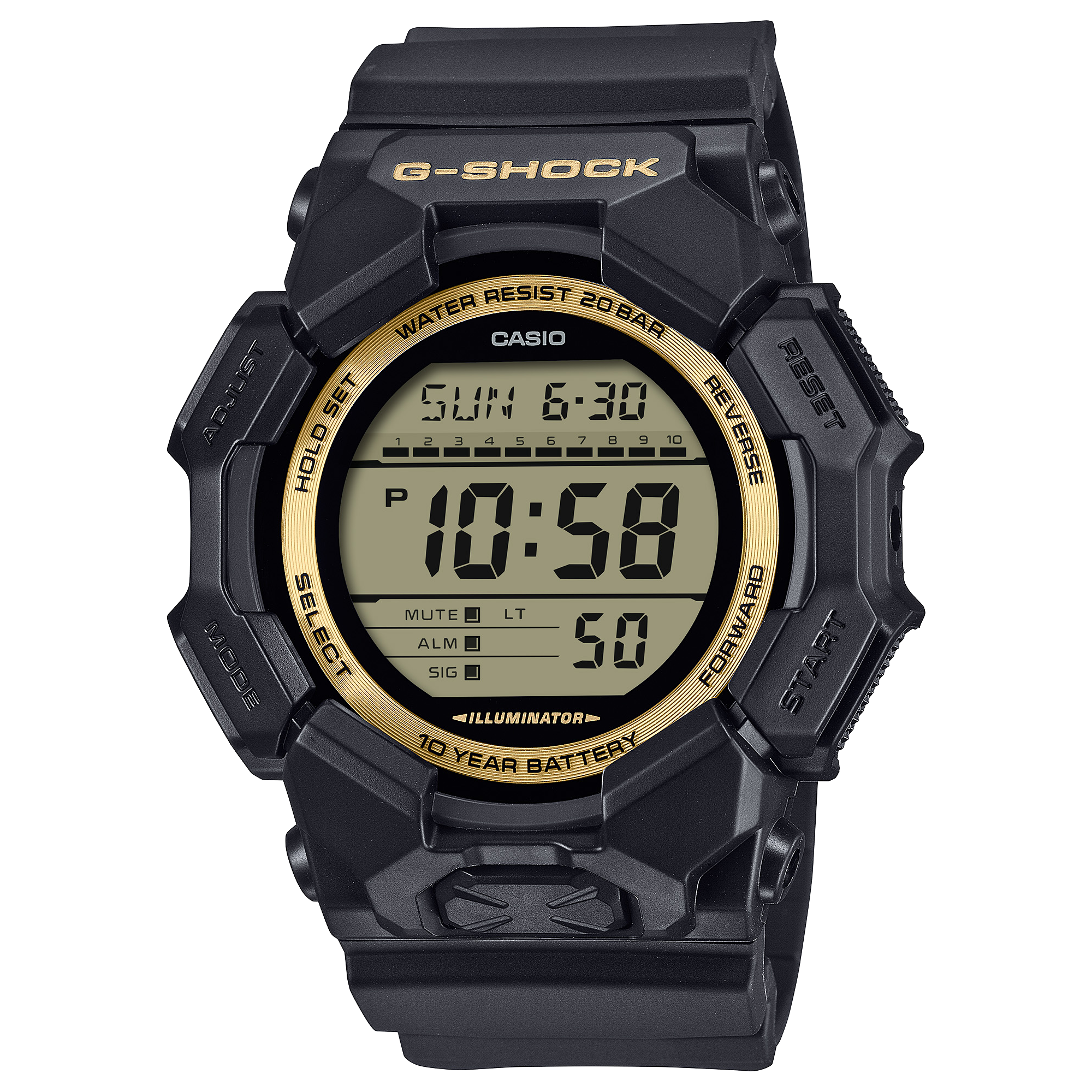 Casio G-Shock Digital Black/Gold, Black Resin 200M WR, 10 Year Battery - GD010GB-1A9 CASIO 