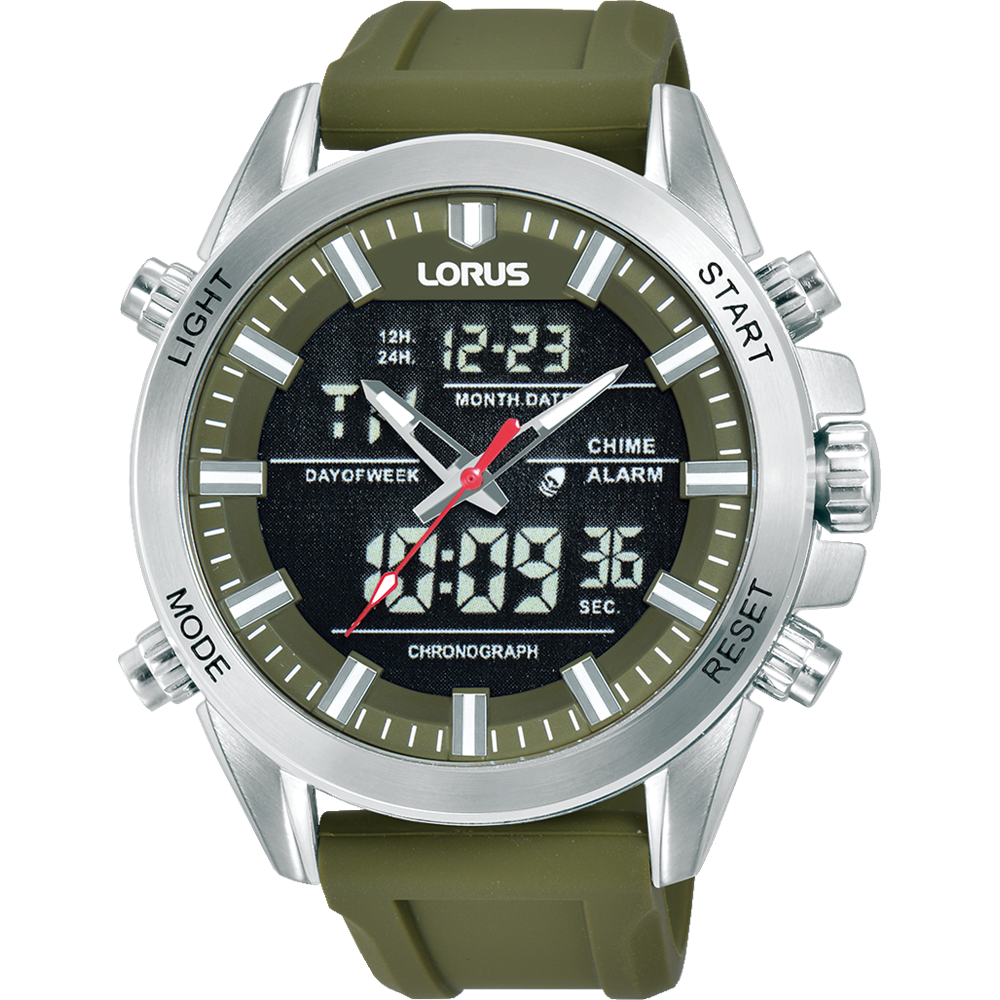 Lorus Gents Analog-Digital Watch, Alarm, 100M WR Stainless Steel Case & Rubber Band - RW669AX-9 CASIO 