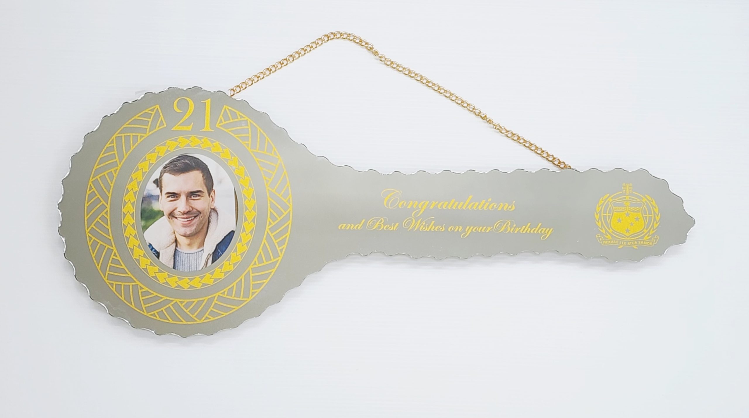 Golden Print Design with Samoan Sila & Tattoo Patterns Mirrored/Glass Photo 21st Birthday Key - SJ2504 21ST MIRROR KEYS 