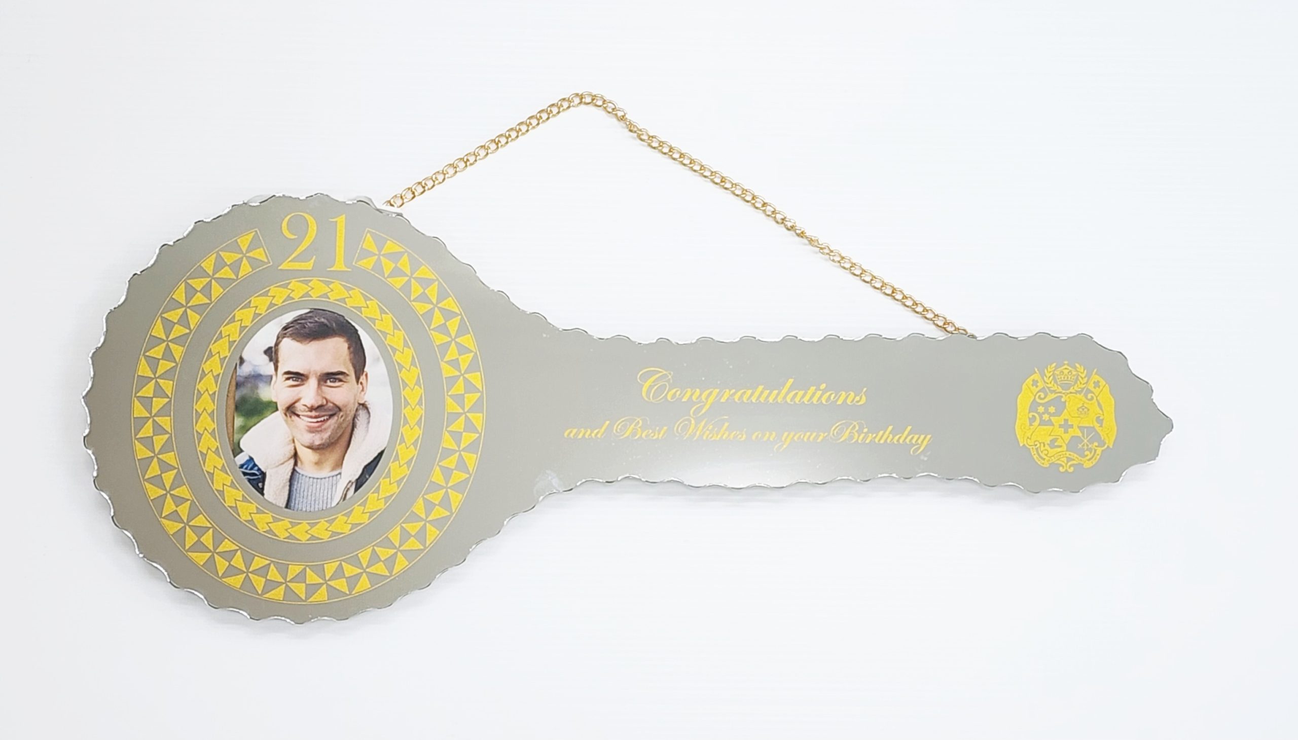 Golden Print Design with Tongan Sila & Tattoo Patterns Mirrored/Glass Photo 21st Birthday Key - SJ2502 21ST MIRROR KEYS 