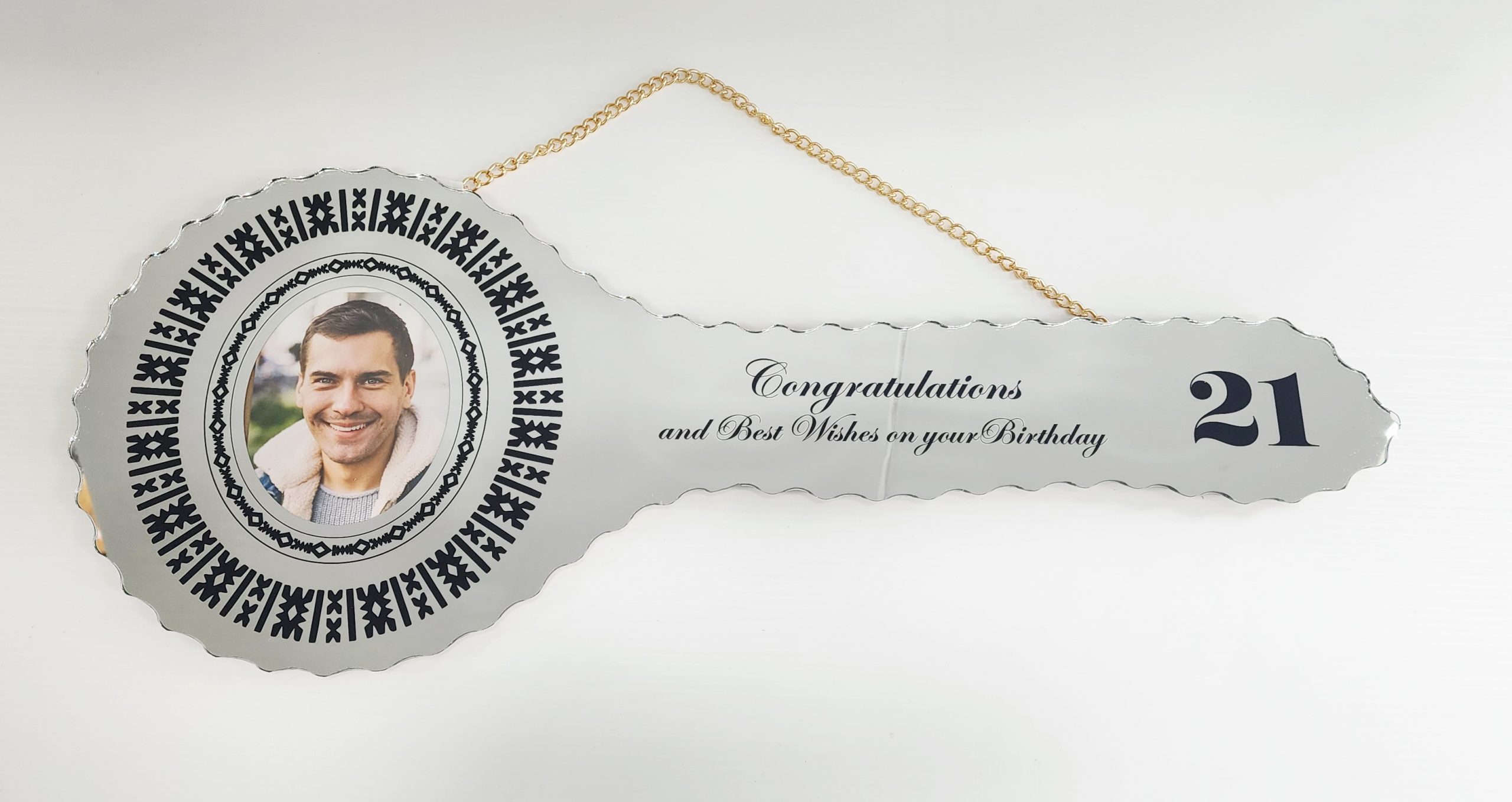 Black Print Fijian Design Mirrored/Glass Photo 21st Birthday Key - SJ2507 21ST MIRROR KEYS 