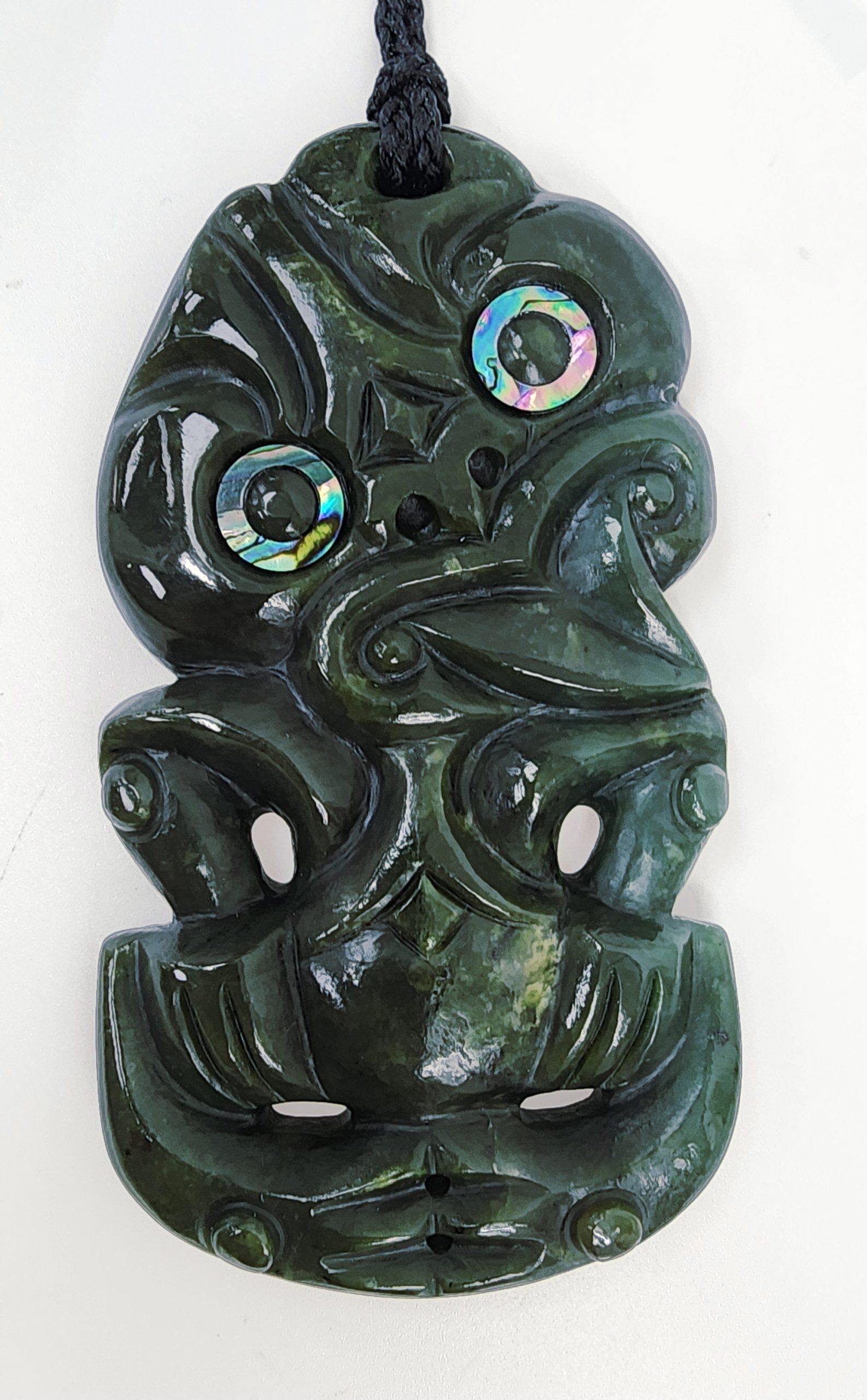 New Zealand Greenstone Hei Tiki Pendant with Paua Shell Eyes - HPTSPECXL225 Greenstone?Jewellery 