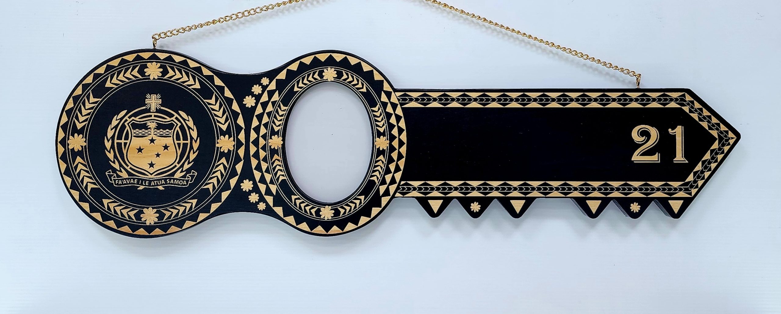 Island Design Wooden Birthday Key with "Samoan Sila" & "21" Laser Engraved  – SJ2102BLK 21st Keys 