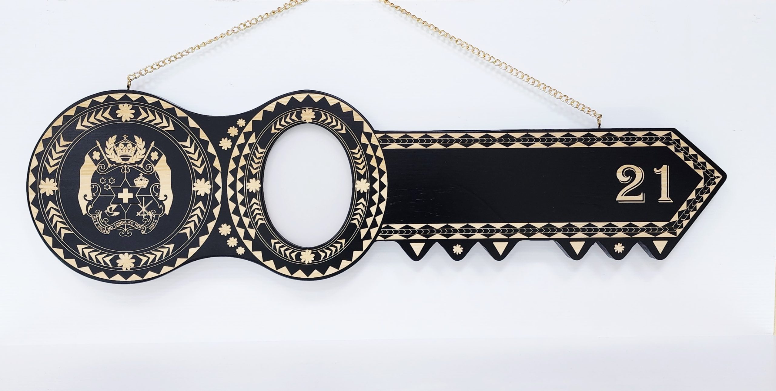 Island Design Wooden Birthday Key with "Tongan Sila" & "21" Laser Engraved  – SJ2106BLK 21st Keys 