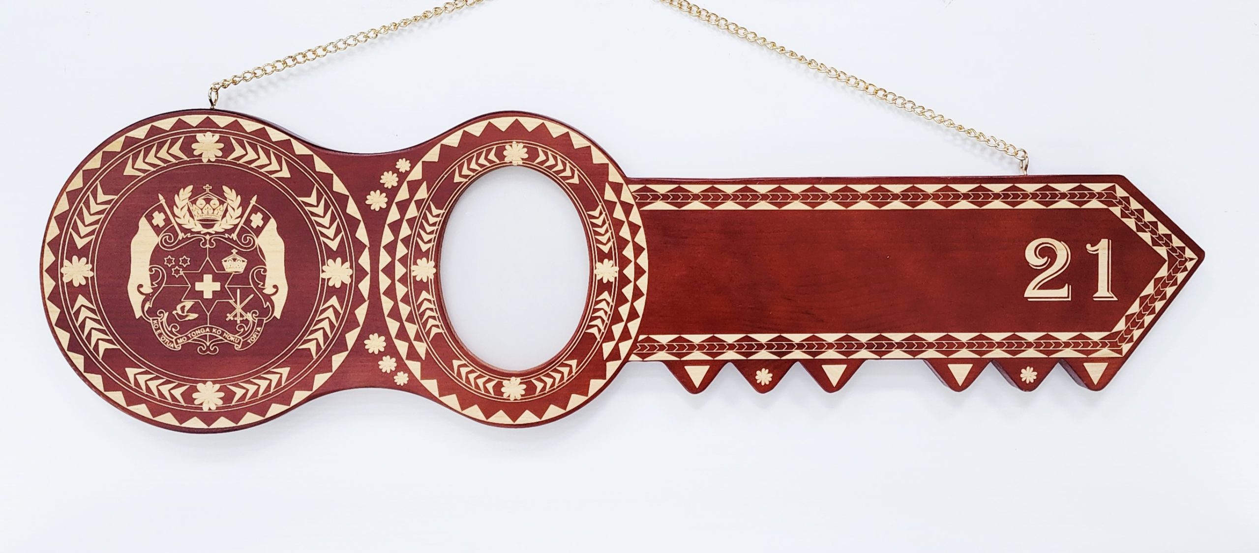 Island Design Wooden Birthday Key with "Tongan Sila" & "21" Laser Engraved  – SJ2106DB 21st Keys 