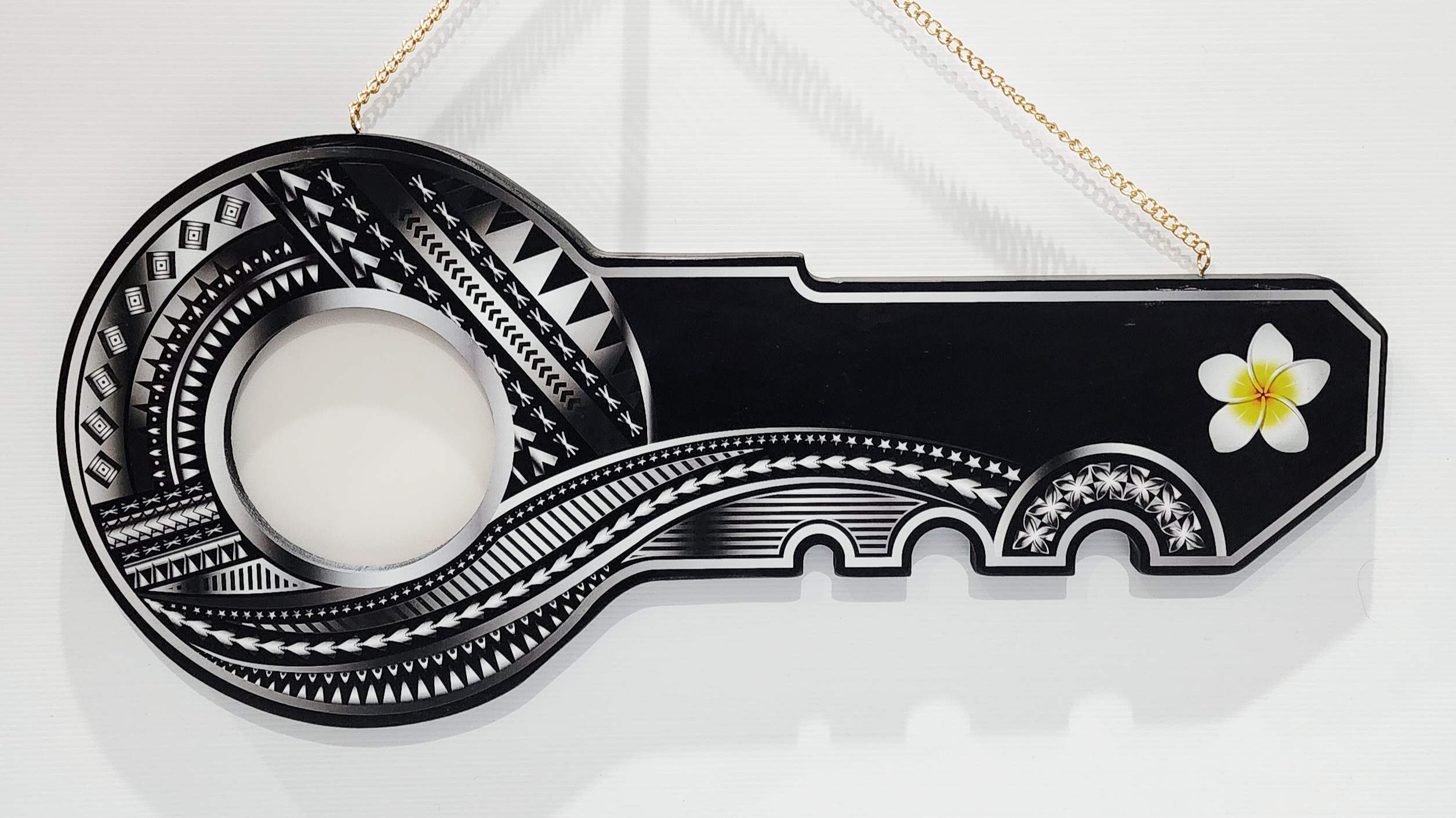 Island Design Silver Theme Colour UV Printed Wooden Birthday Key with "White Plumeria"  – SJ2264 21st Keys 