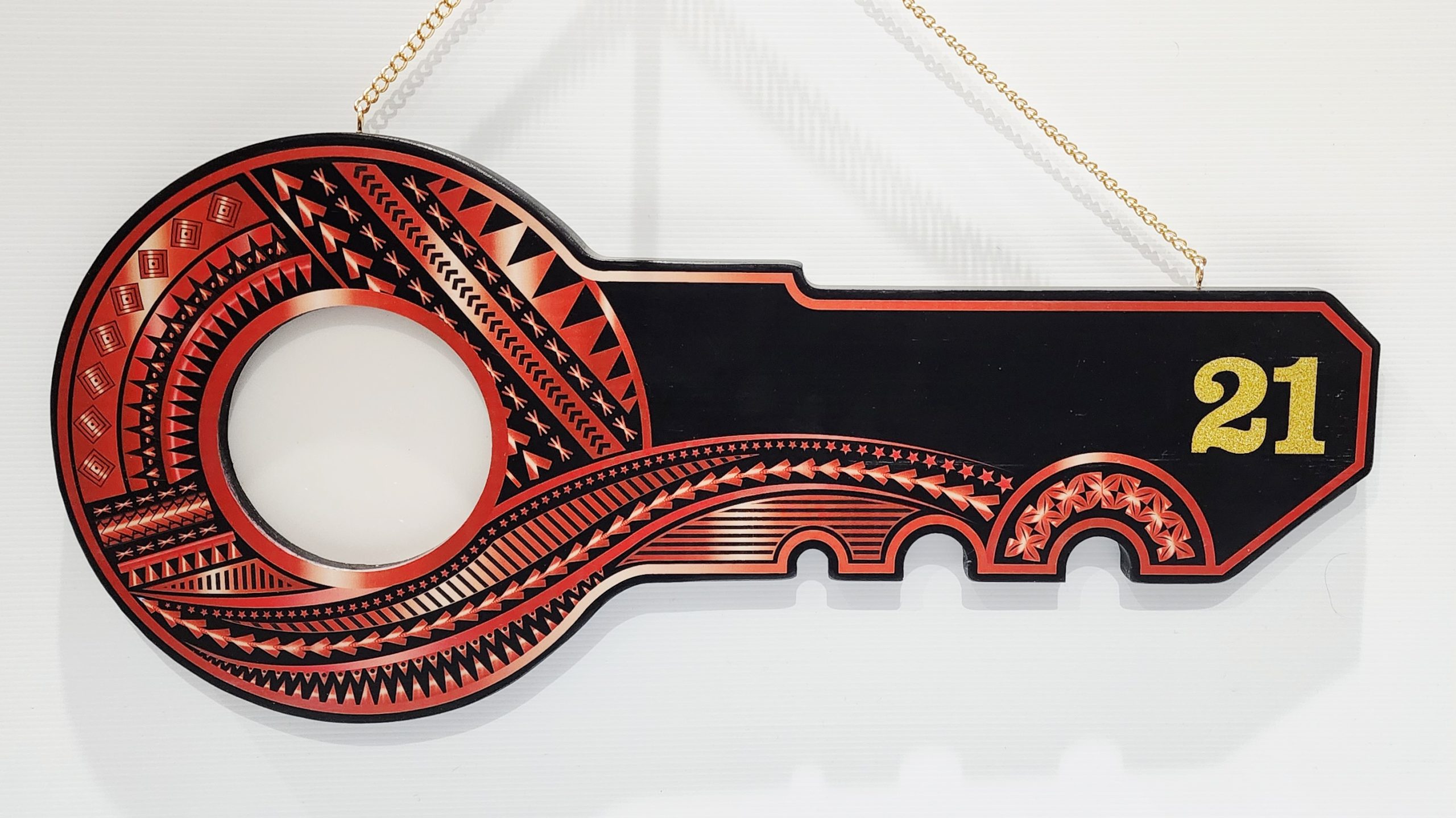 Island Design Red & White Theme Colour UV Printed Wooden Birthday Key with "21"  – SJ2248 21st Keys 