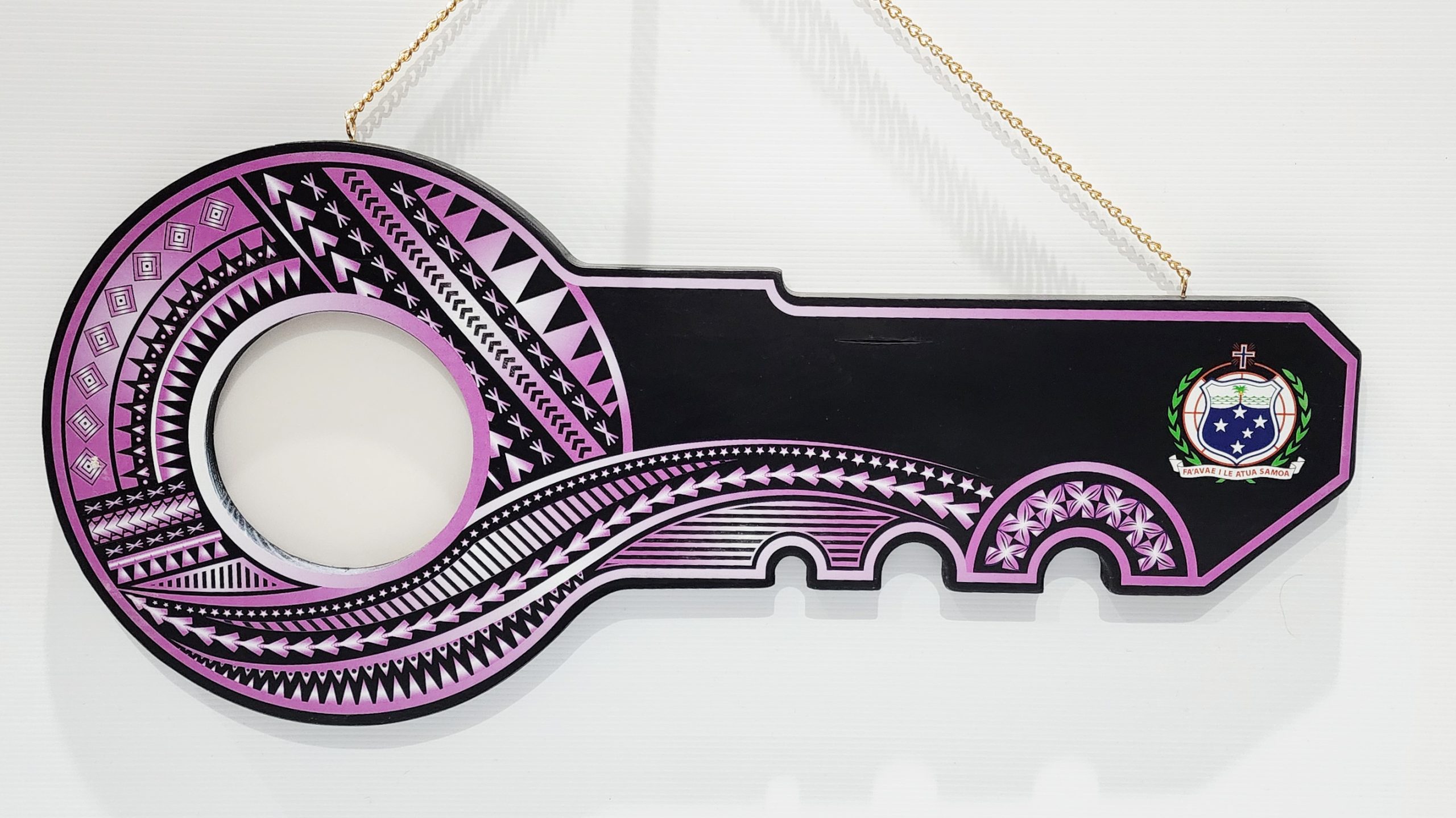 Island Design Purple & White Theme Colour UV Printed Wooden Birthday Key with "Samoan Sila"  – SJ2254 21st Keys 