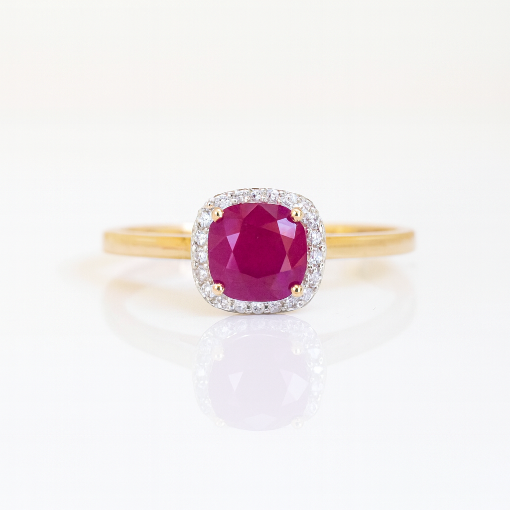 9ct Yellow Gold Natural Ruby & Diamond Halo Ring - 9KSR022RU Gold Earrings 